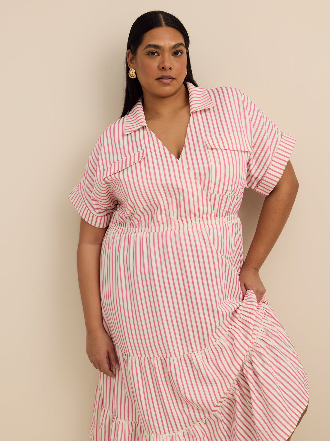 plus size women shirt dresses Plus Size Pink Midi Tiered Utility Shirt Dress for Women – Penningtons