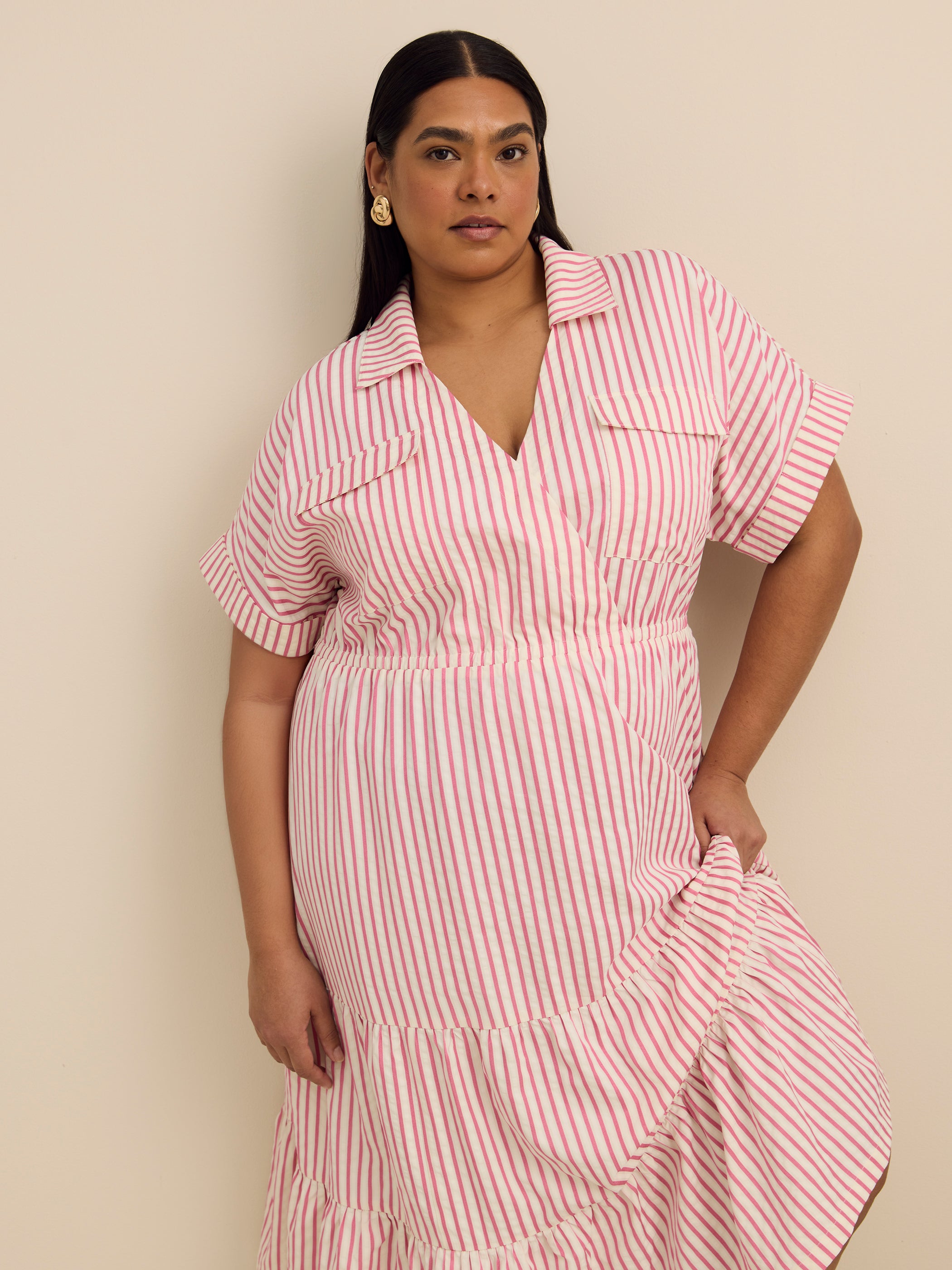 Pink Midi Tiered Utility Shirt Dress
