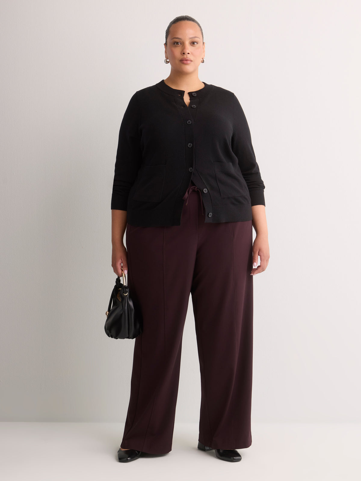 Dark Buttoned-Down Cotton Blend Crew Neck Cardigan