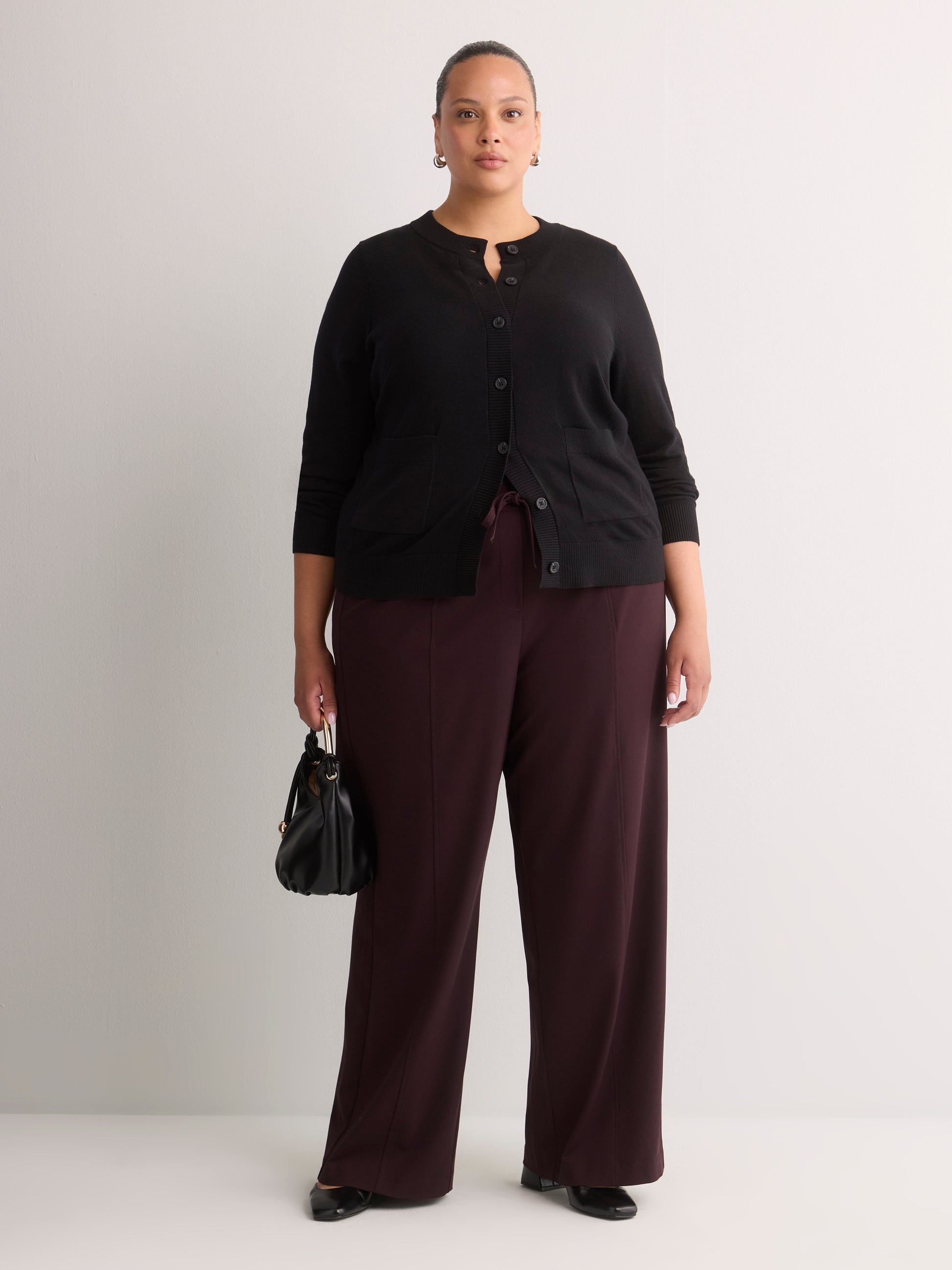 Dark Buttoned-Down Cotton Blend Crew Neck Cardigan