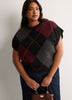 Loose Extended-Sleeve Argyle Fuzzy Yarn Short Sweater