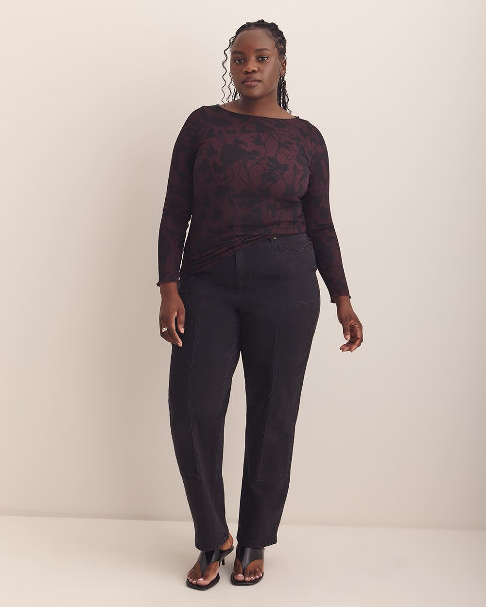 Boat-Neck Knit Top with Lettuce-Edge Sleeves - Addition Elle