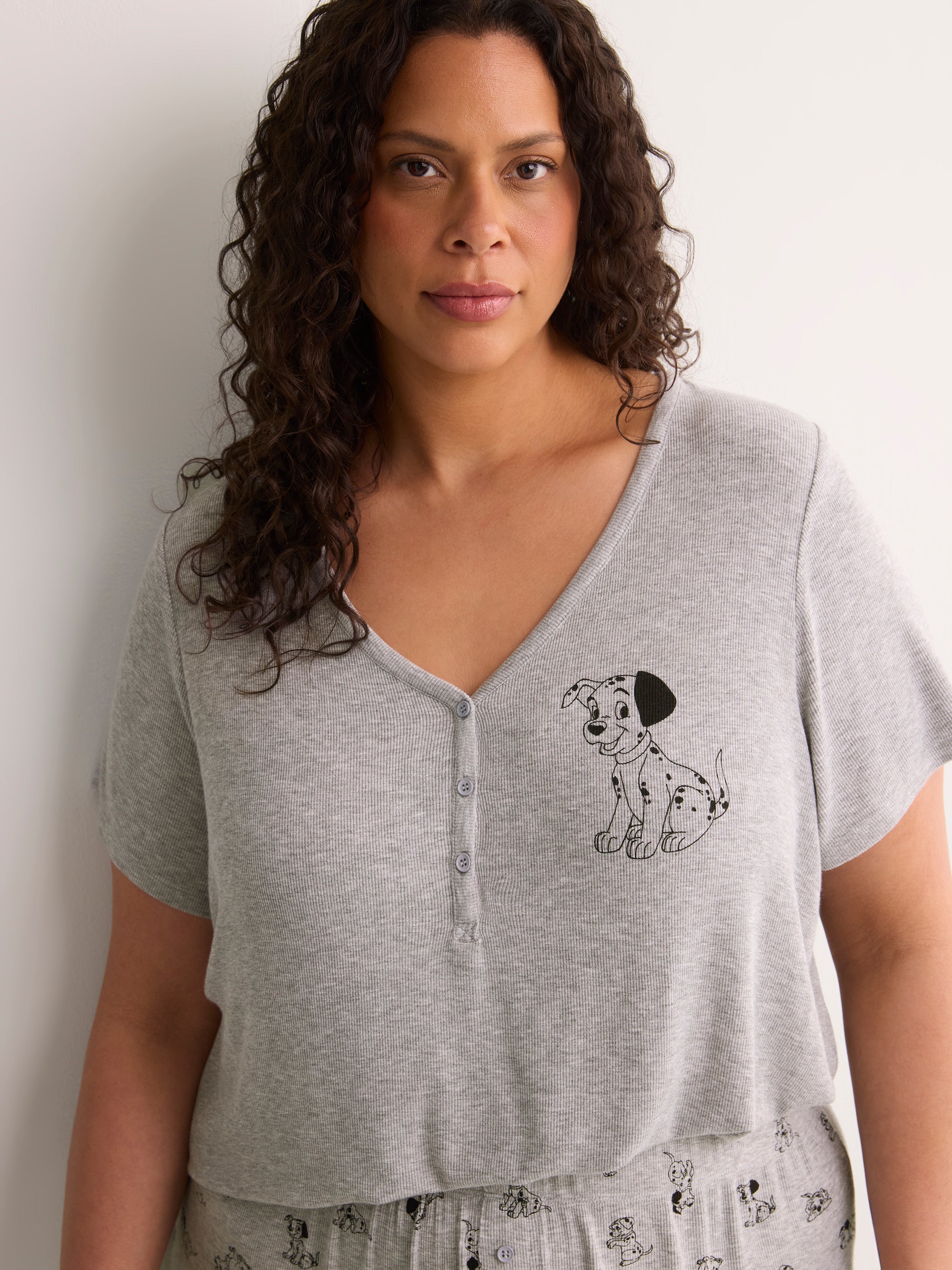 Grey Textured Henley Pyjama Top with Dalmatian Print - Disney