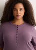 Straight Elbow-Sleeve Plum Pointelle Knit Henley Top