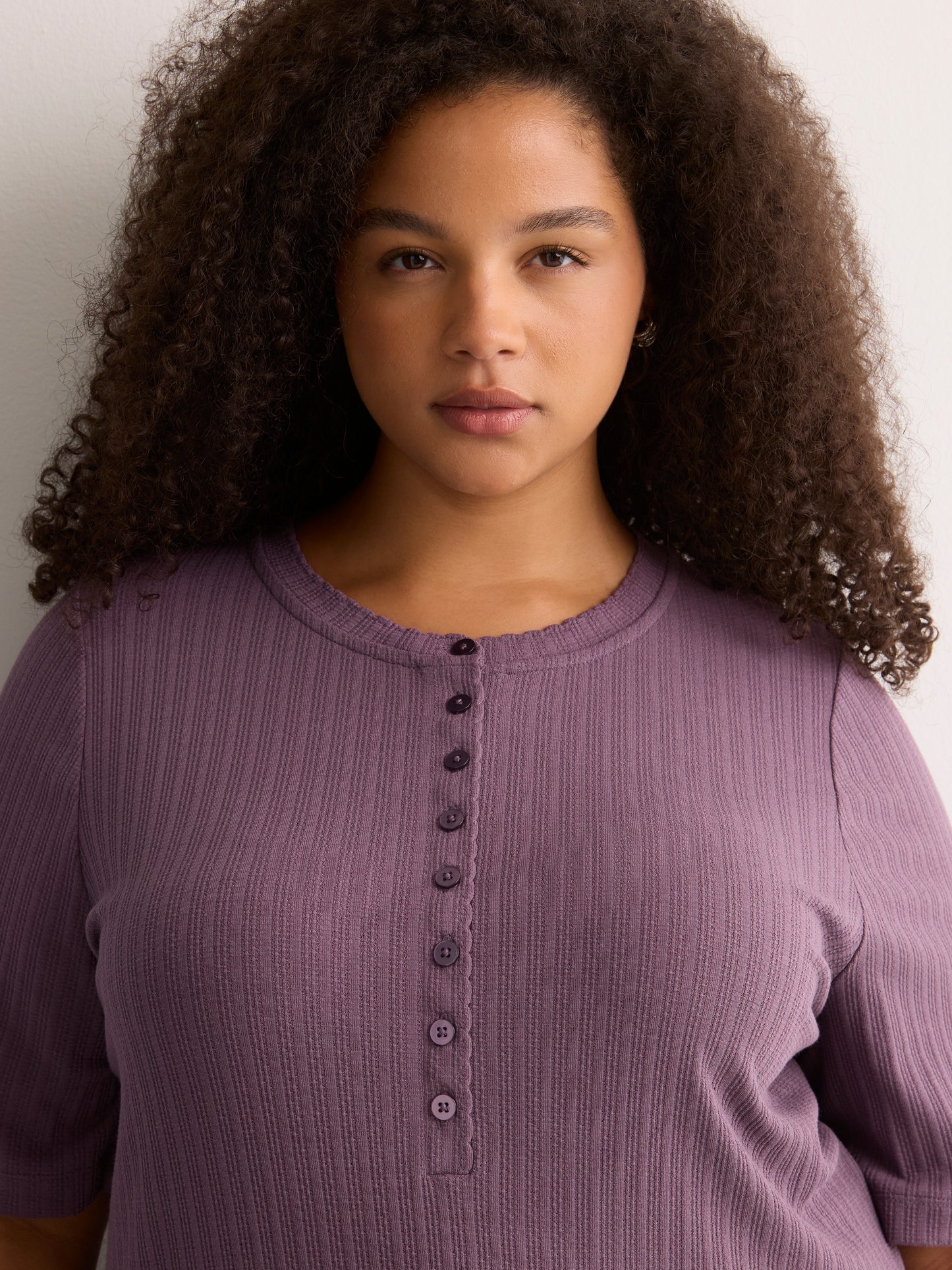 Straight Elbow-Sleeve Plum Pointelle Knit Henley Top