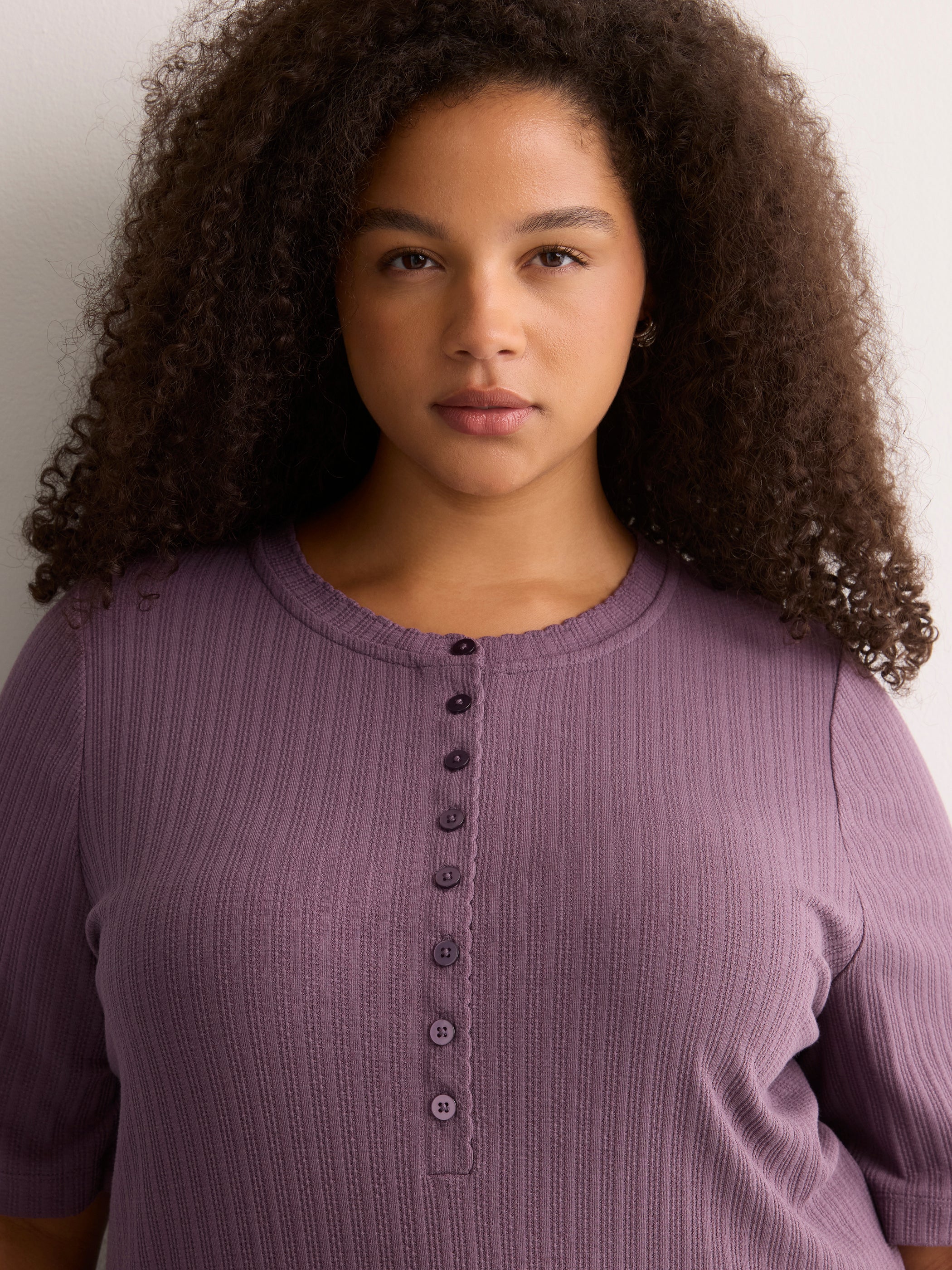 Straight Elbow-Sleeve Plum Pointelle Knit Henley Top