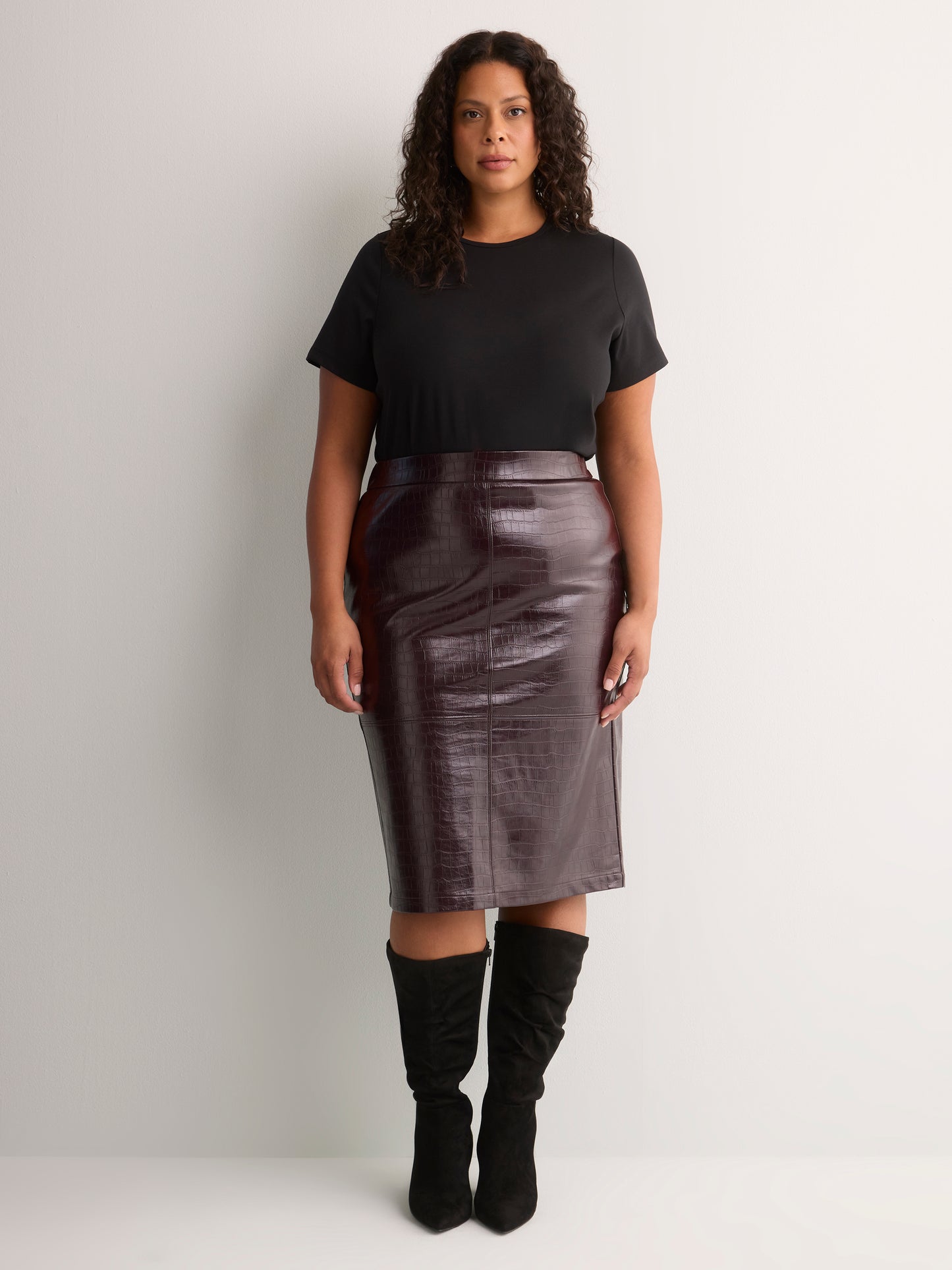 Faux Croco Leather Pencil Midi Skirt