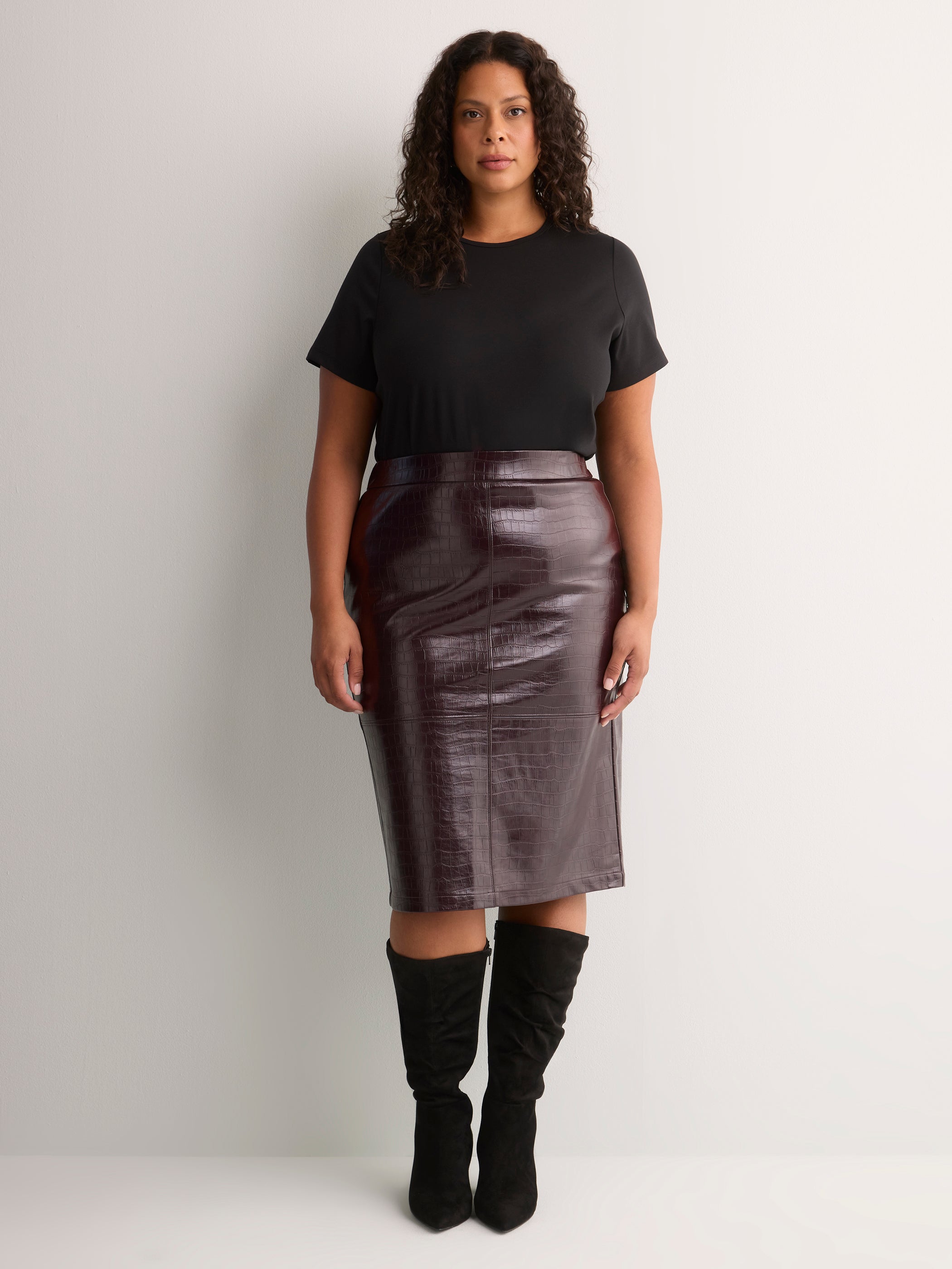 Faux Croco Leather Pencil Midi Skirt