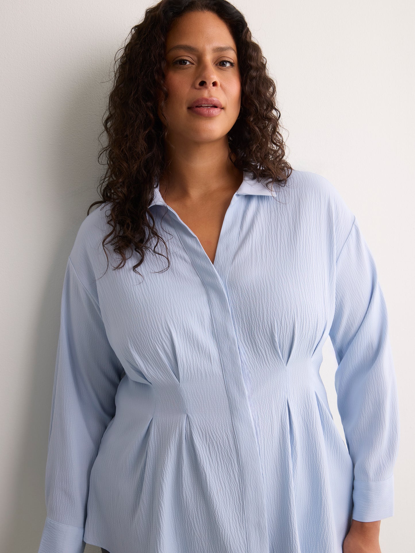 Soft Blue Textured Dropped-Shoulder Fit-and-Flare Shirt Blouse