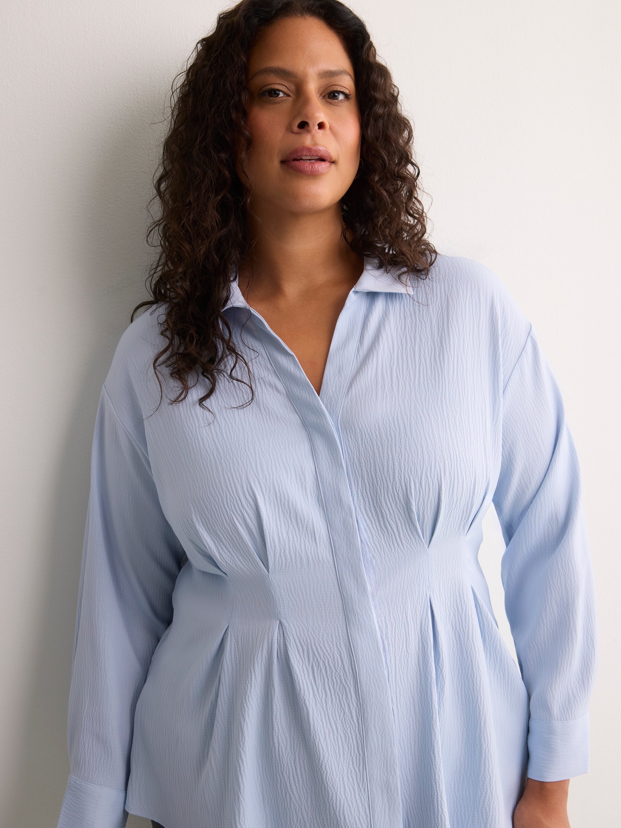 Soft Blue Textured Dropped-Shoulder Fit-and-Flare Shirt Blouse
