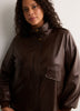 Brown Short Faux Leather Funnel-Neck Jacket