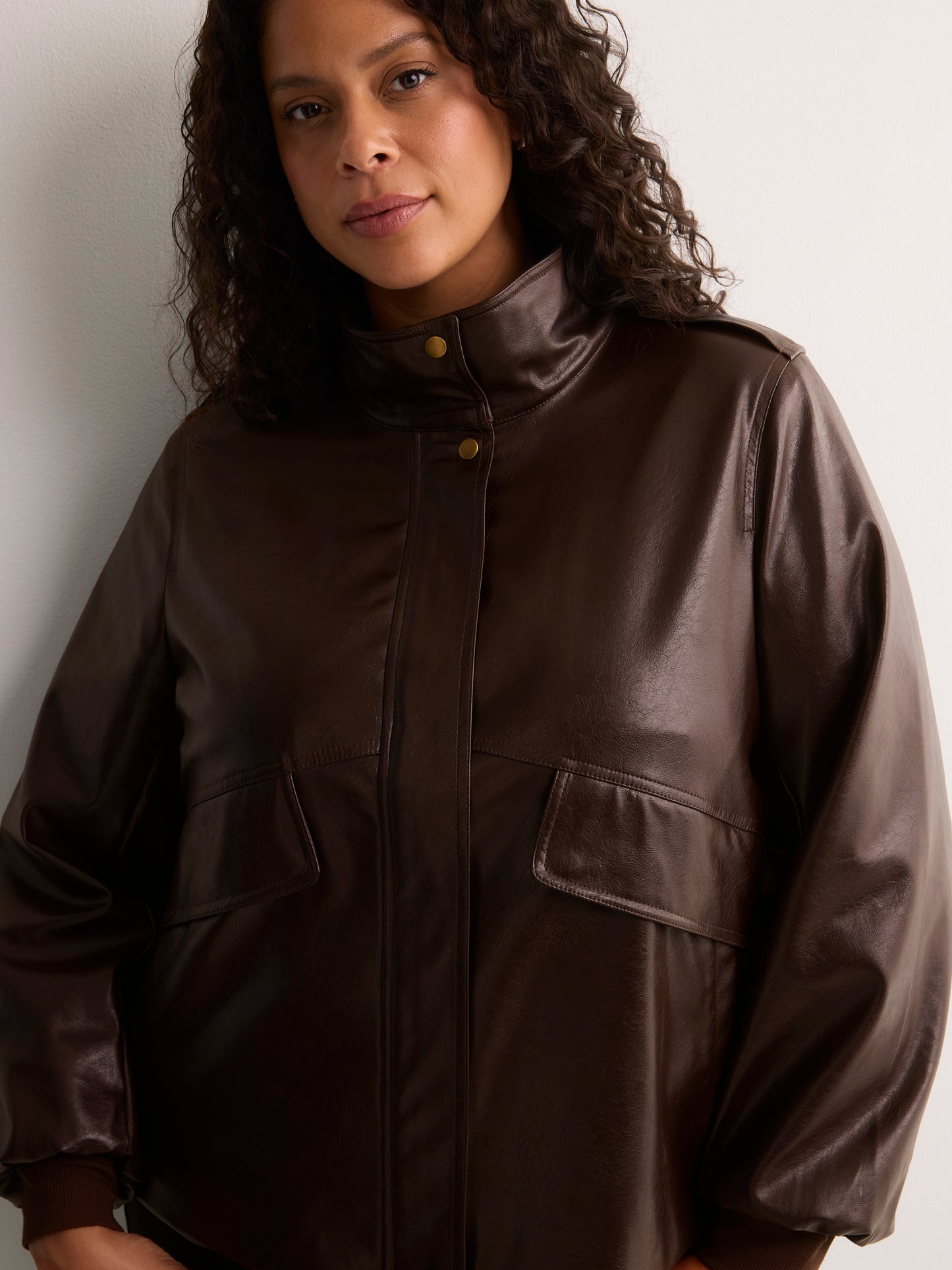 Brown Short Faux Leather Funnel-Neck Jacket