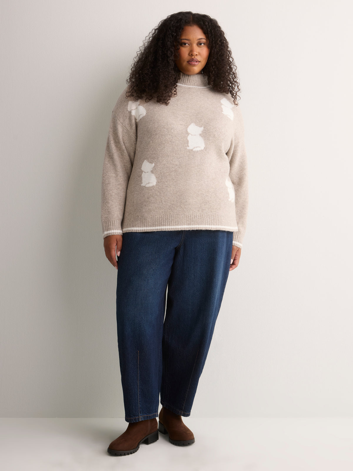 Beige Loose-Fit Mock-Neck Sweater with Embroidered Cats