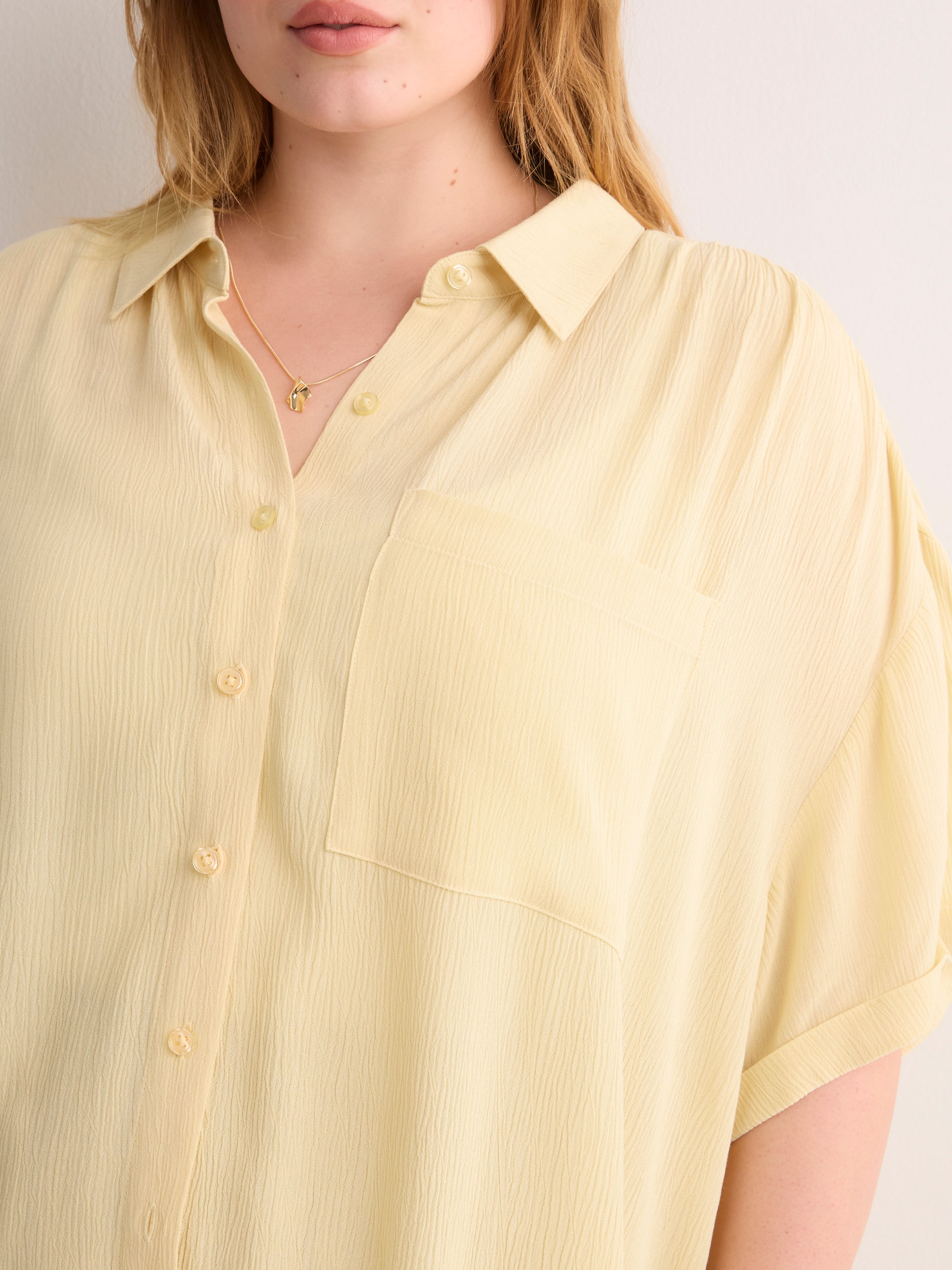 Loose-Fit Short-Sleeve Crinkle Buttoned-Down Tunic