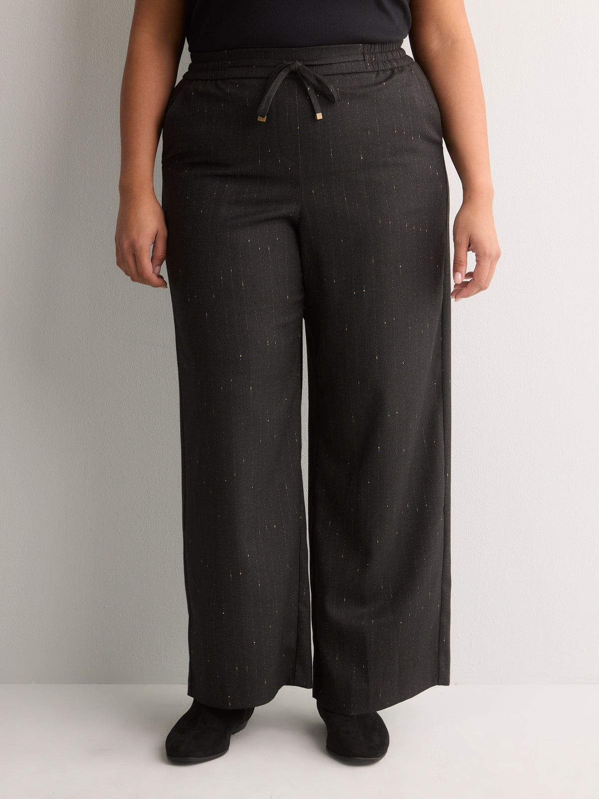Grey Metallic Pinstripe Pull-On Wide-Leg Pant