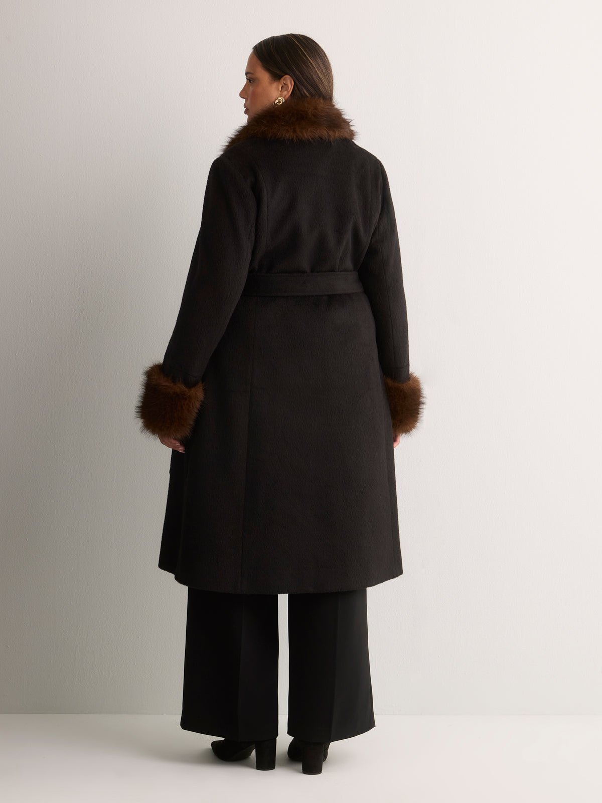 Long Belted Coat with Faux-Fur Collar and Cuffs