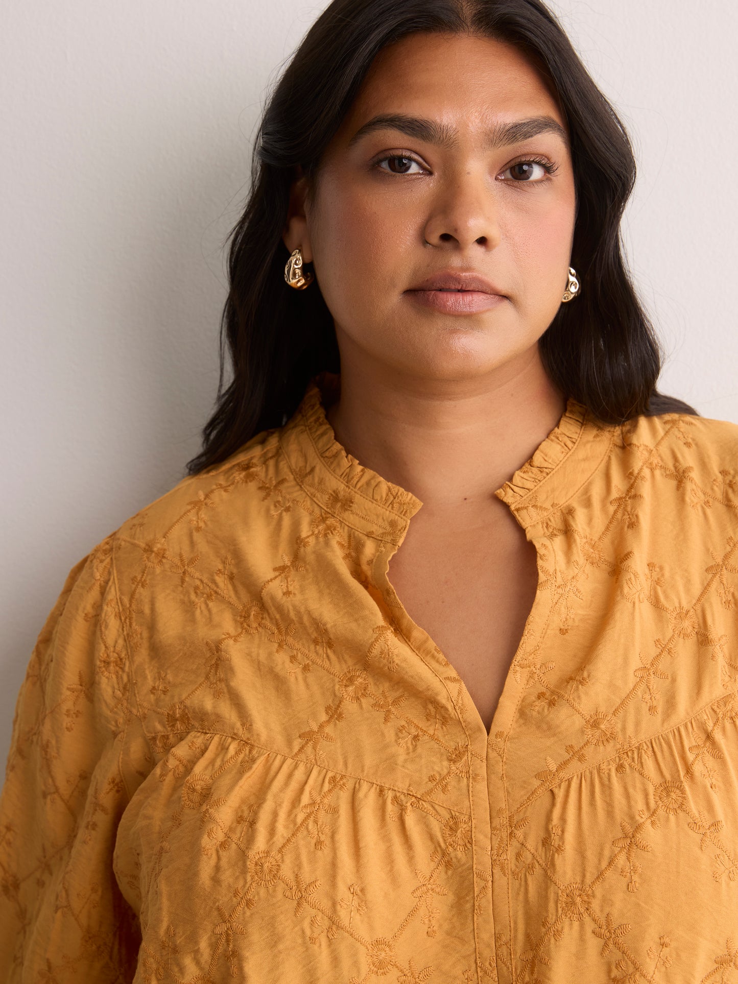Yellow Embroidered A-Line Blouse with Split Ruffled Collar