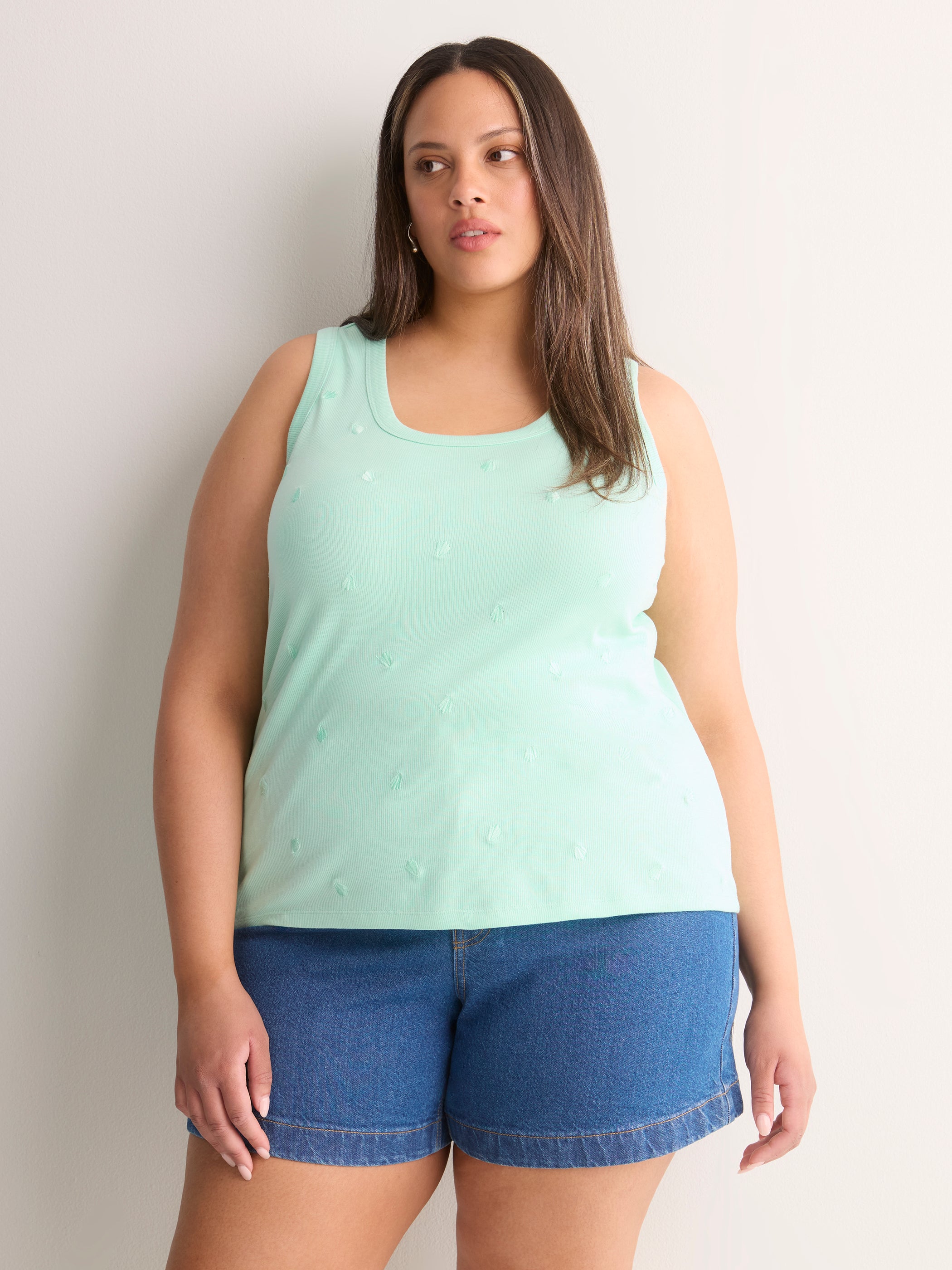 Scoop-Neck Embroidered Ribbed Knit Fitted Tank Top