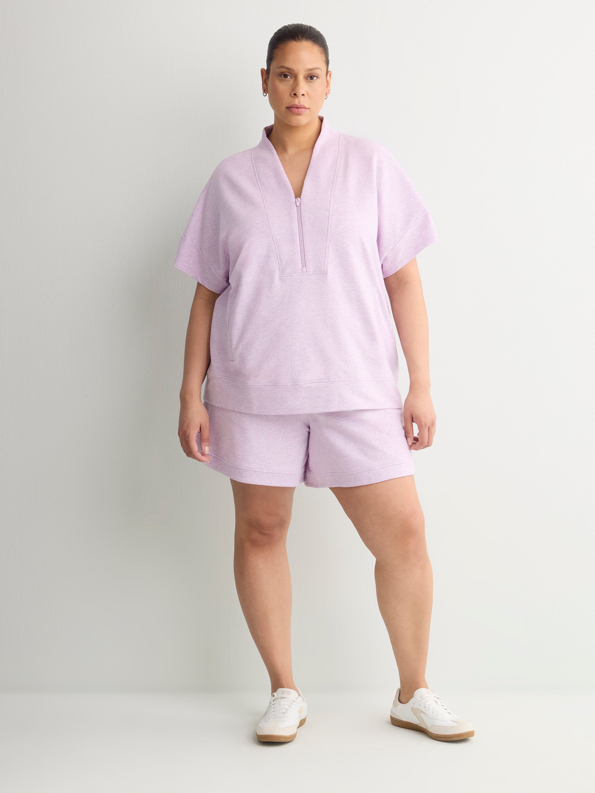 French Terry Half-Zip High-Neck Cap-Sleeve Sweatshirt - Active Zone
