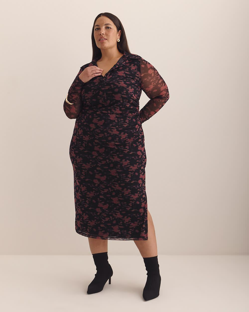 Robe tricotée Additionelle ajustée midi, taille froncée, manches longues