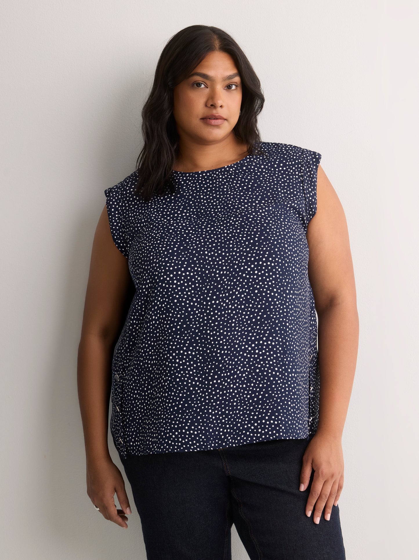 Responsible, Straight Extended-Sleeve Silky Blouse with Decorative Buttons