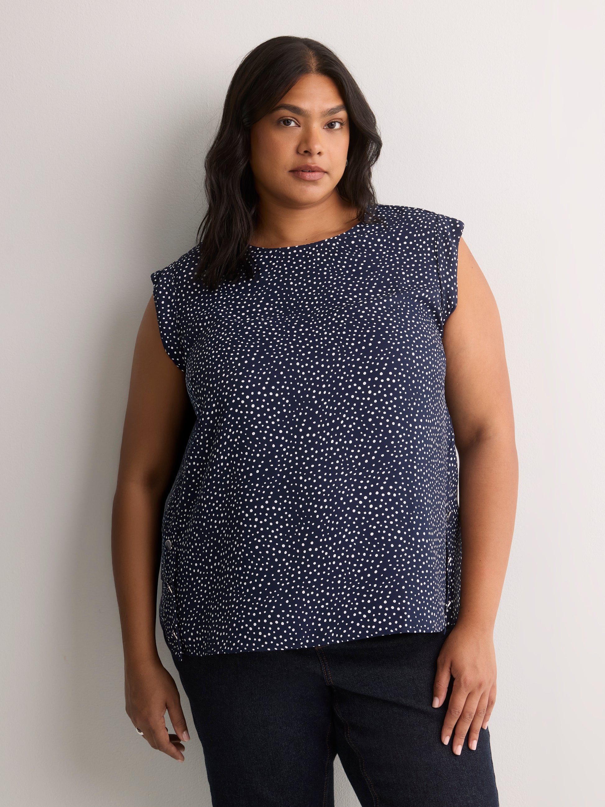 Responsible, Straight Extended-Sleeve Silky Blouse with Decorative Buttons