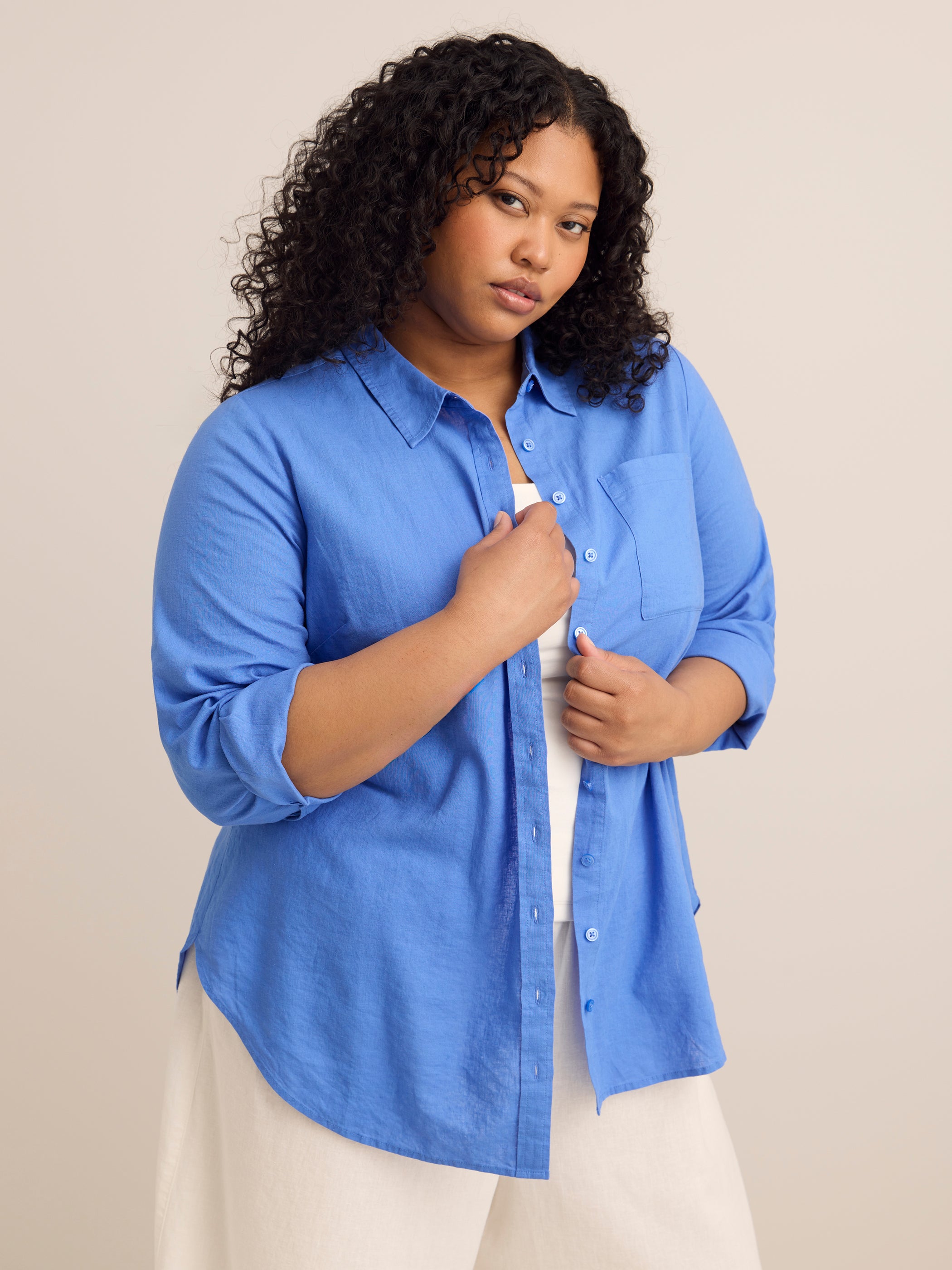 Linen-Blend Buttoned Down Tunic Shirt
