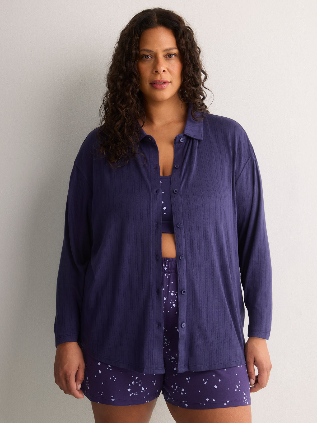 Dark Blue Buttoned-Down Pointelle Pyjama Shirt - tiVOGLIO