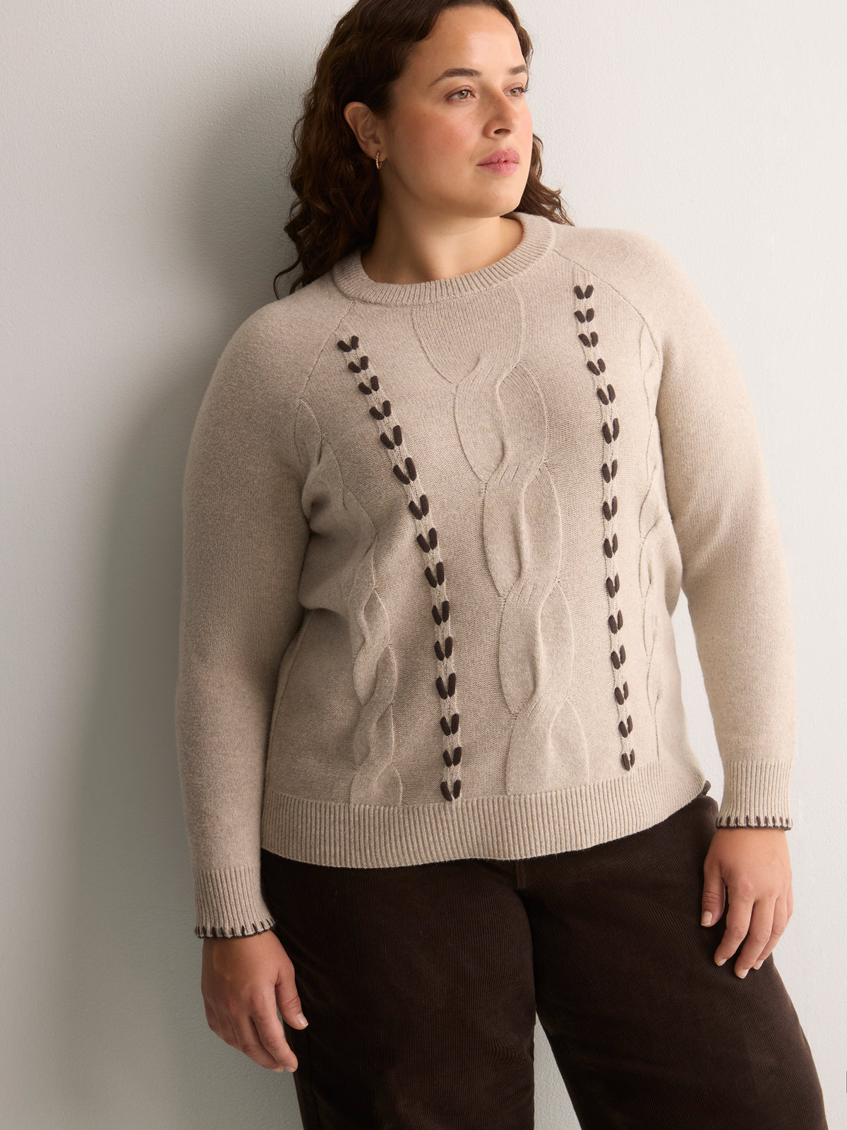 Beige Cable Knit Crew-Neck Sweater