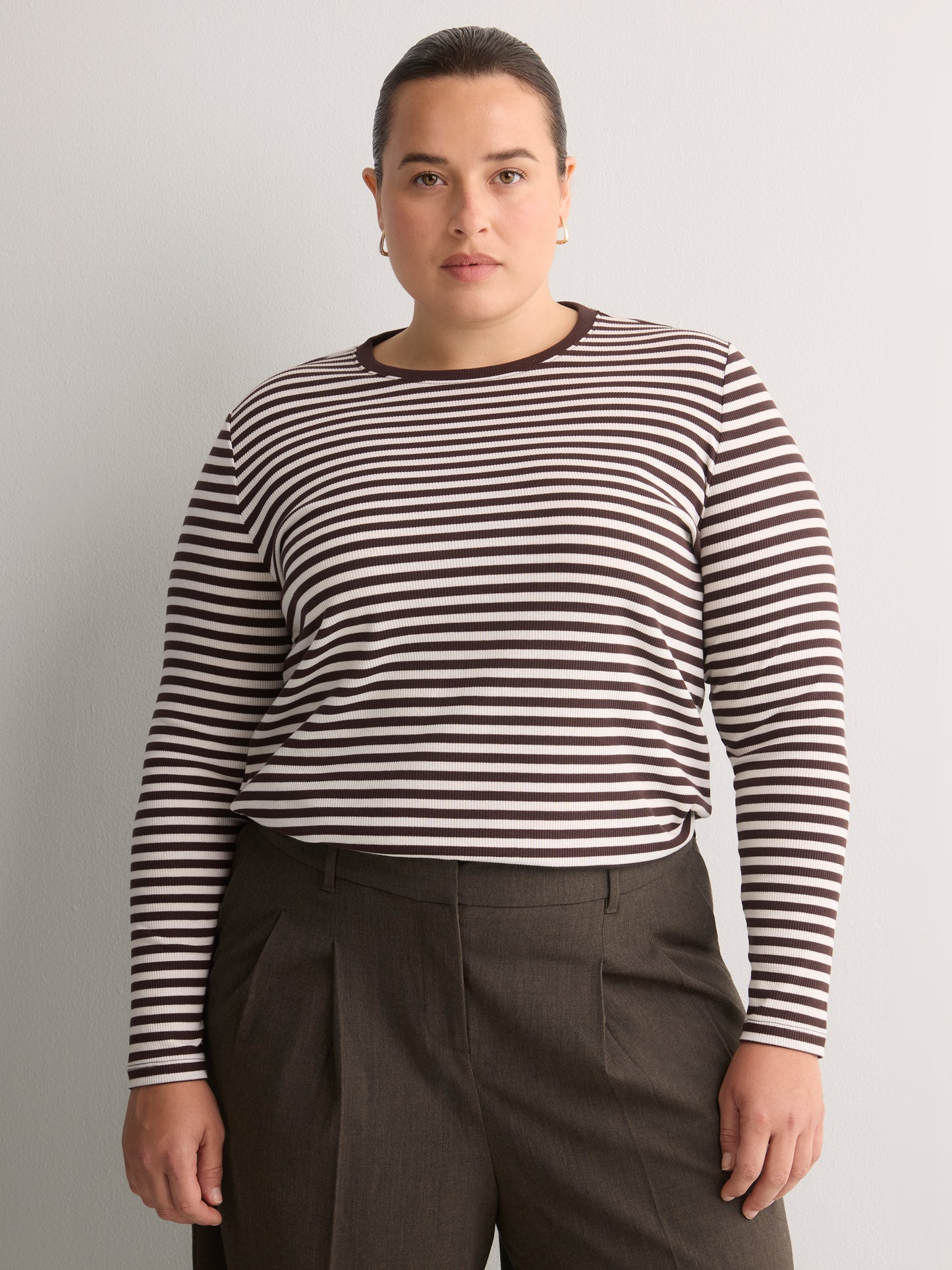 Brown Striped Boyfriend-Fit Long-Sleeve Rib Knit Tee