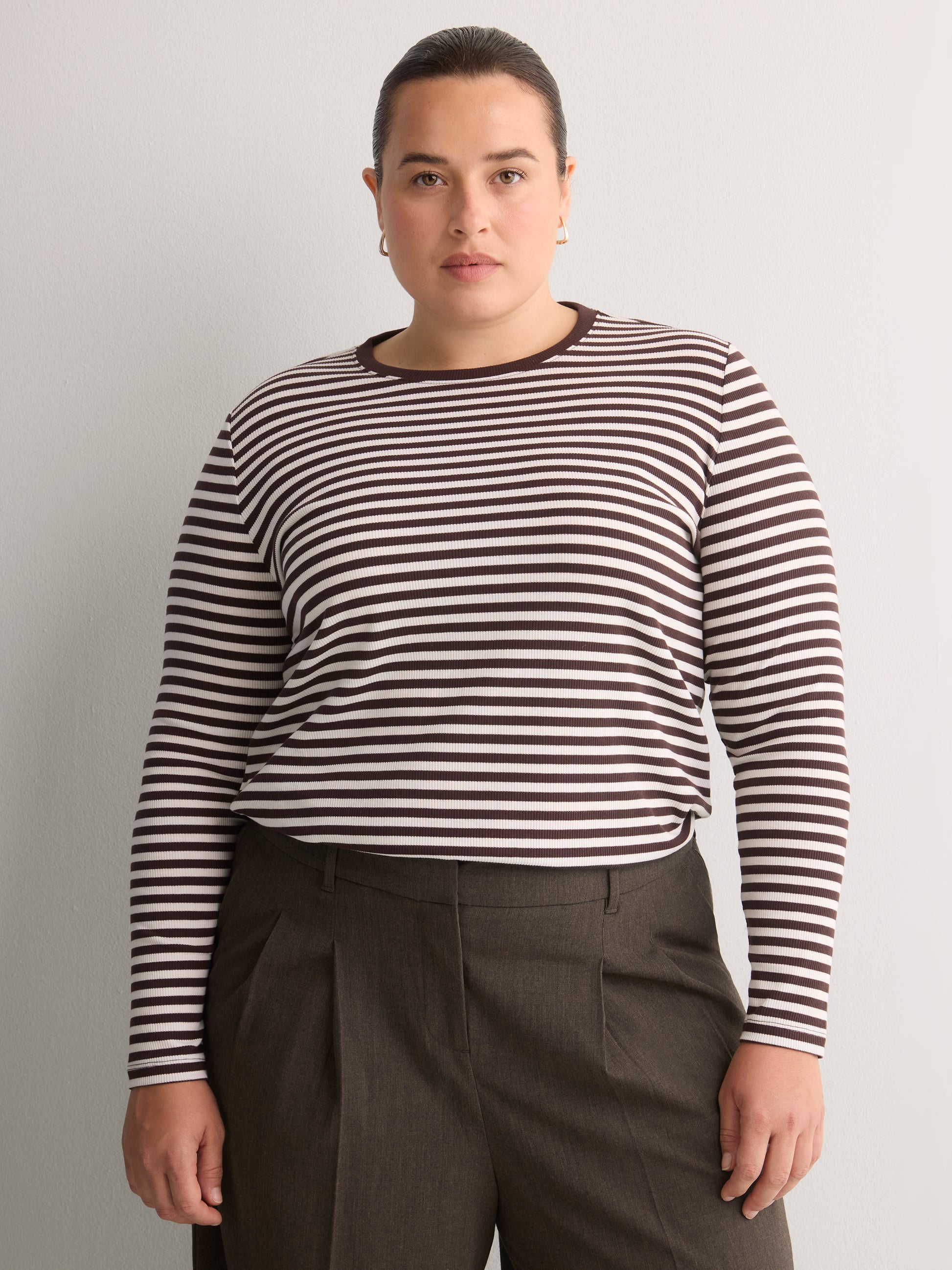 Brown Striped Boyfriend-Fit Long-Sleeve Rib Knit Tee