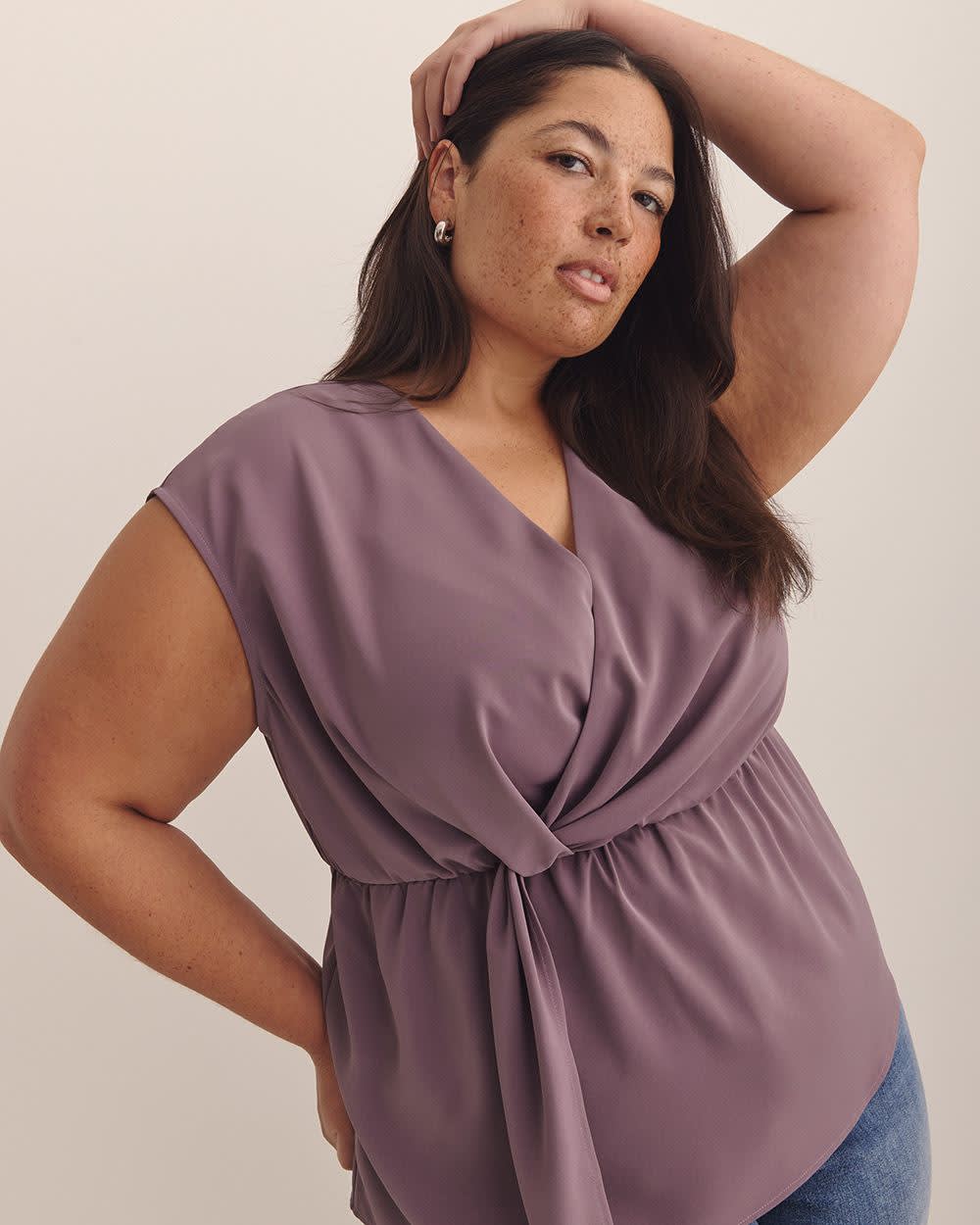 Extended-Sleeve V-Neck Knotted Blouse - Addition Elle