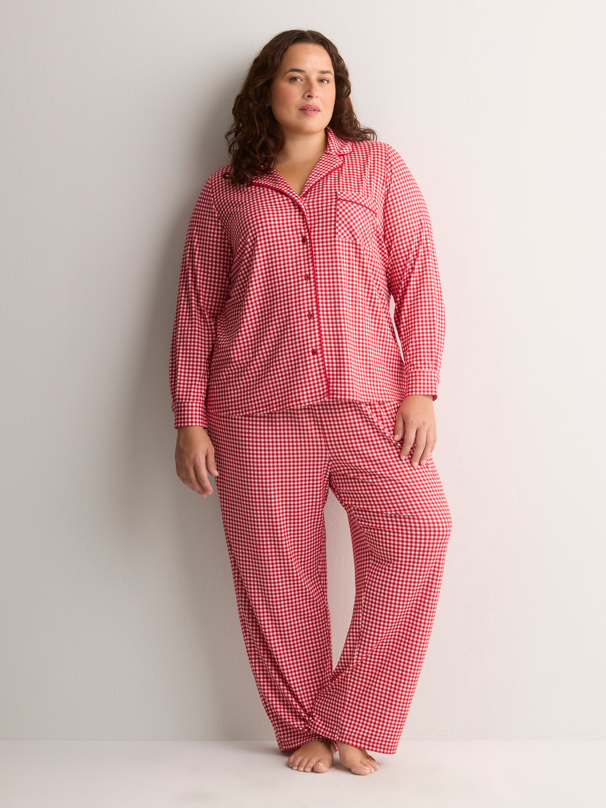 Red Gingham Buttoned Down Shirt and Straight Pant Pyjama Set - tiVOGLIO