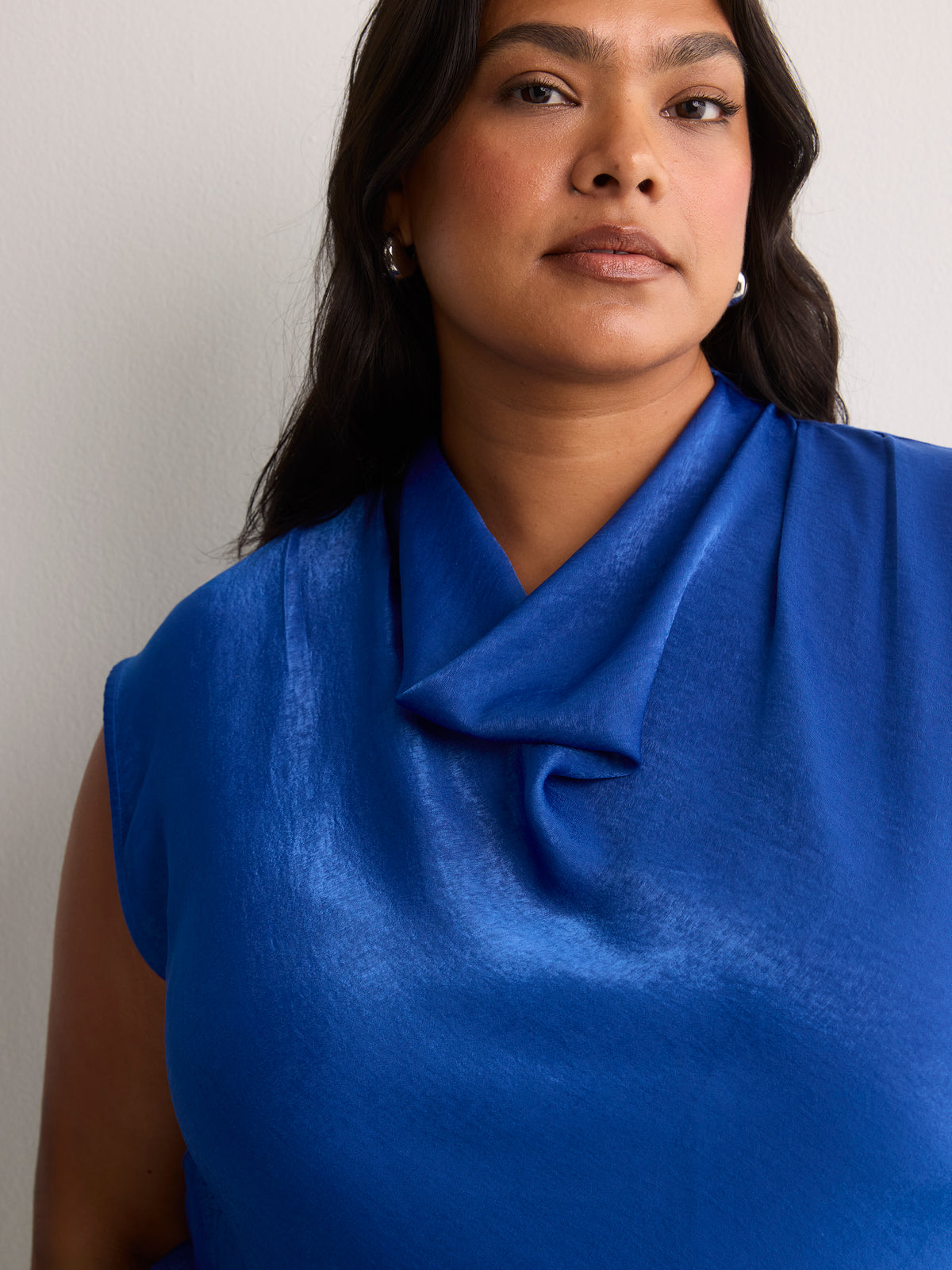 Straight-Fit Draped Cowl-Neck Satin Blouse