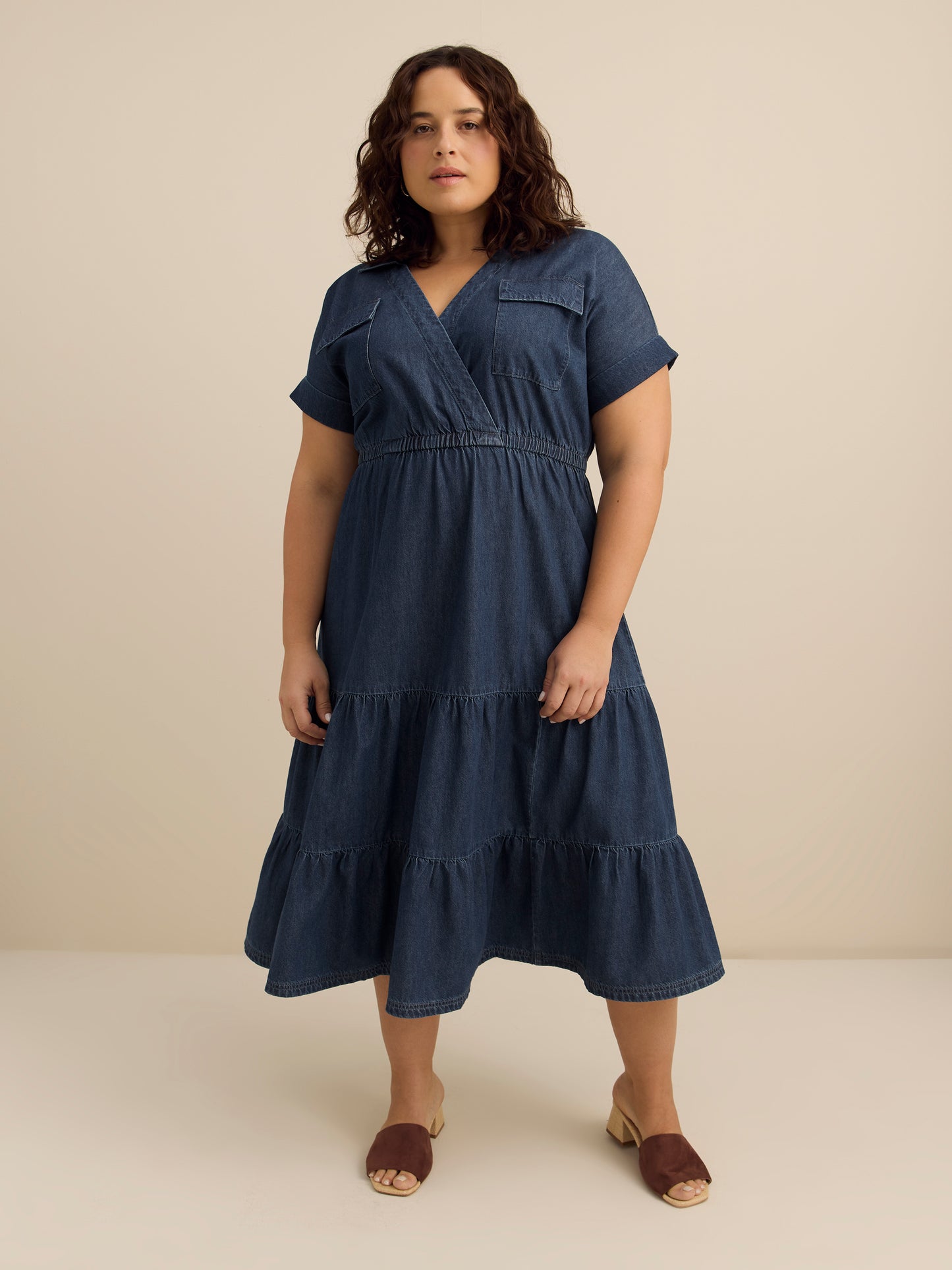 Denim Midi Utility Shirt Dress with Tiered Skirt