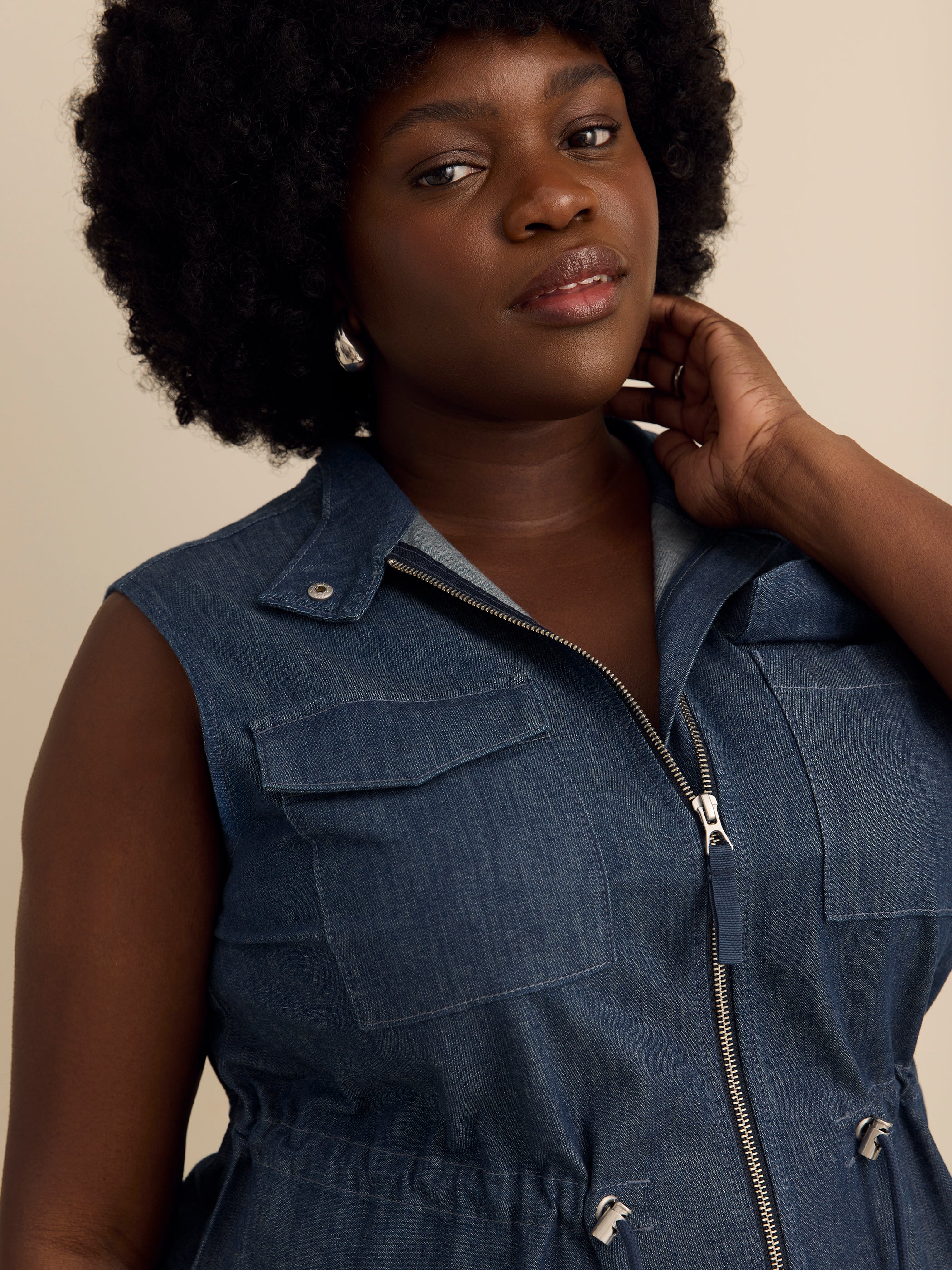 d/C JEANS Plus Size Safari Denim Vest Sleeveless Adjustable Waist