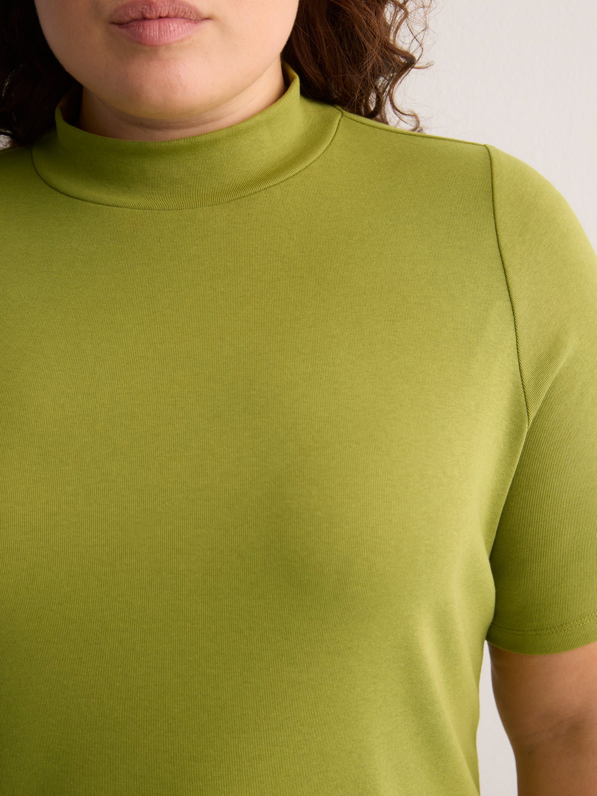 Fitted Mock-Neck Elbow-Sleeve Rib Knit Top