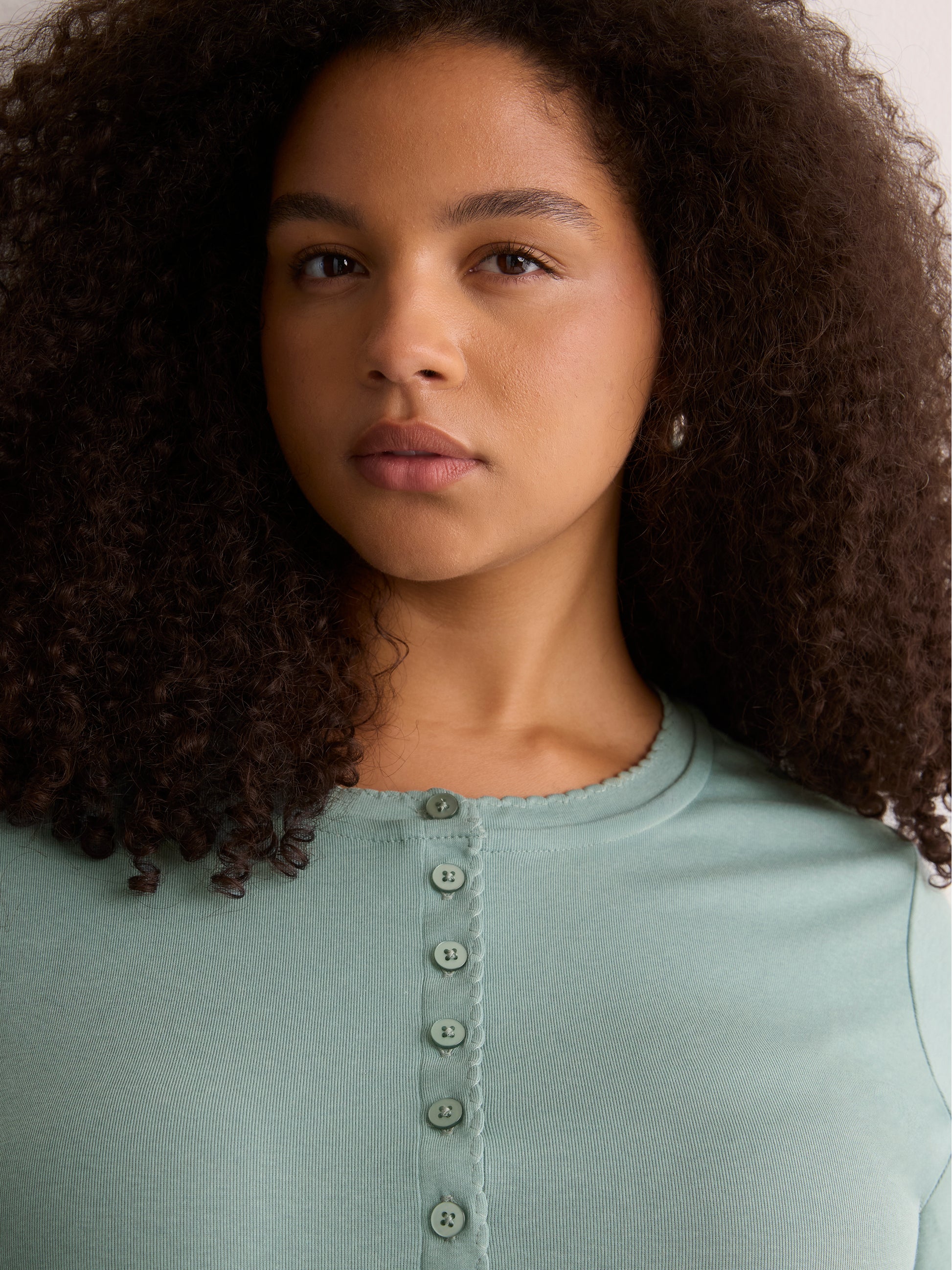 Straight Elbow-Sleeve Ribbed Knit Henley Top