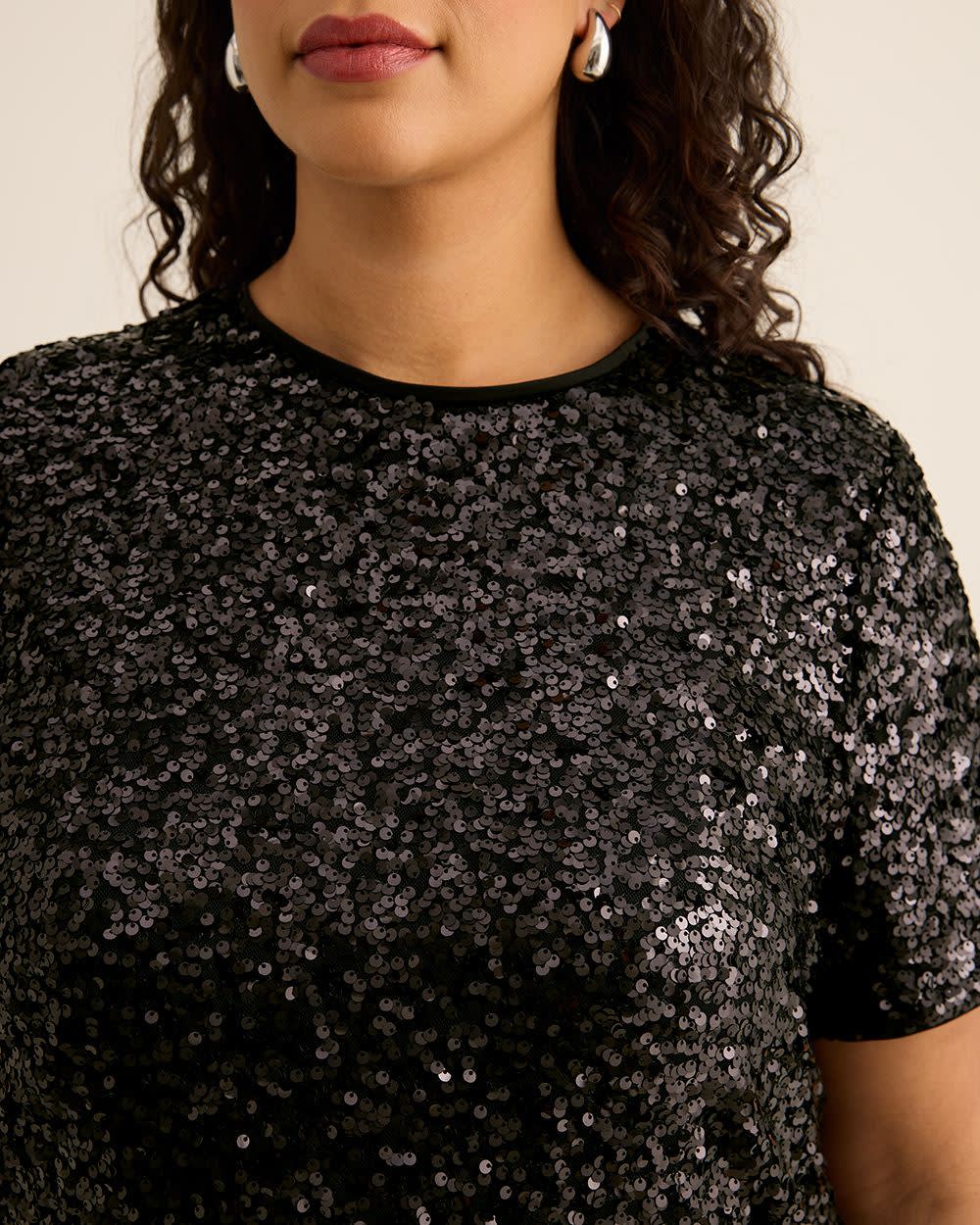 Short-Sleeve Sequins Crewneck Top