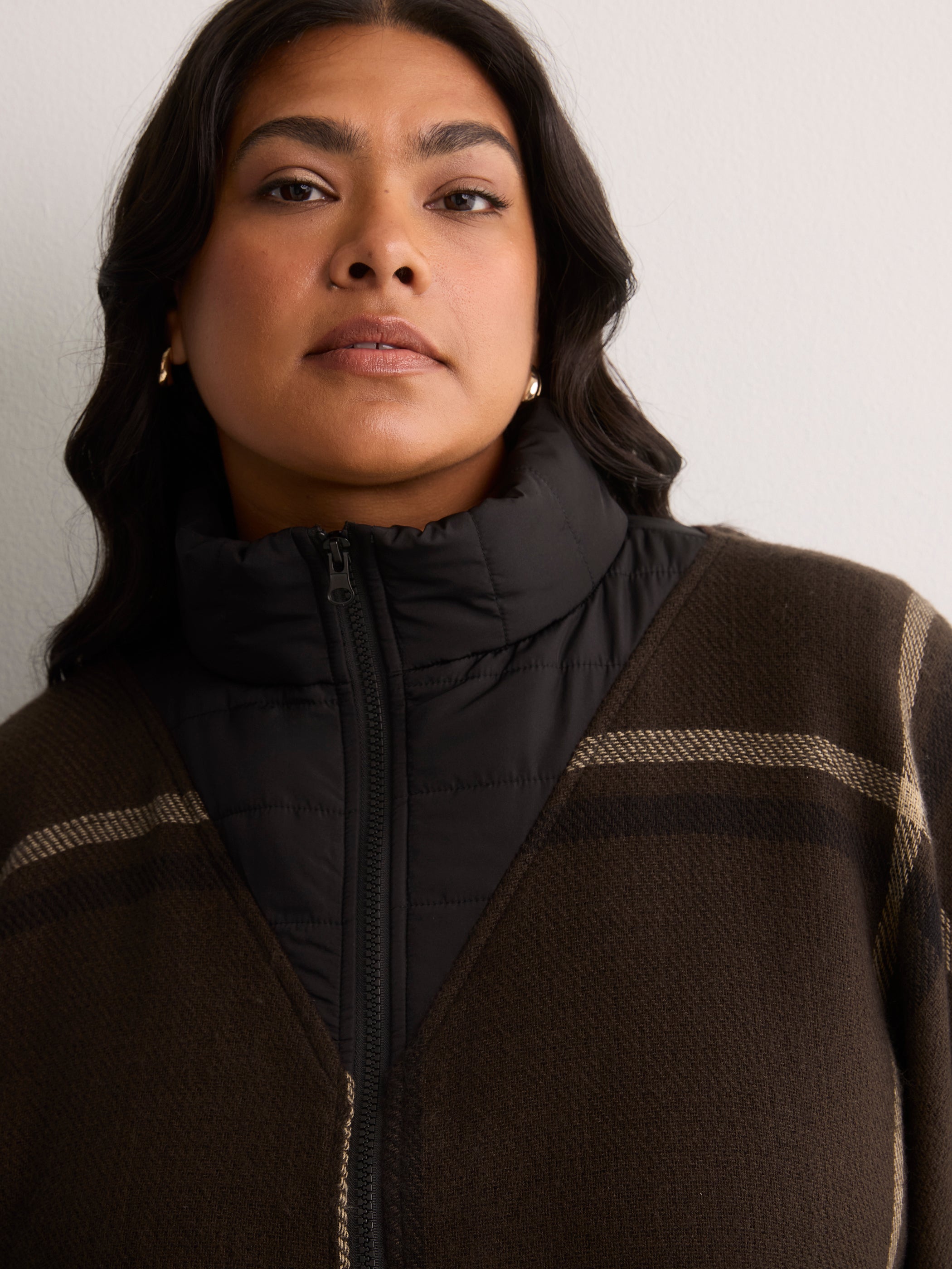 Brown Puffer Neck Cape with Belt and Zipper