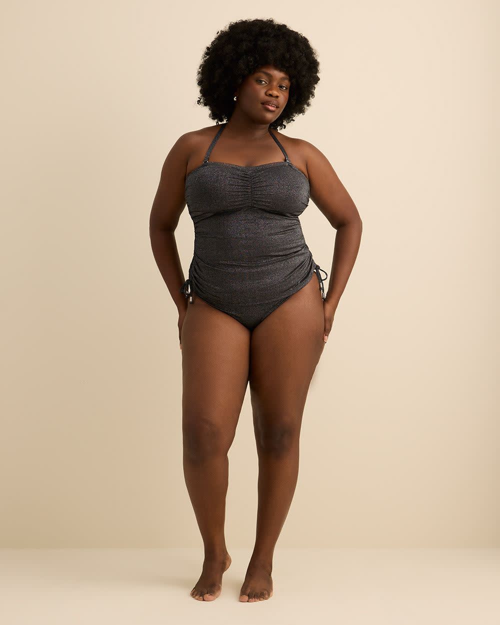 Short Shimmering Black Rushed Tube Tankini Top