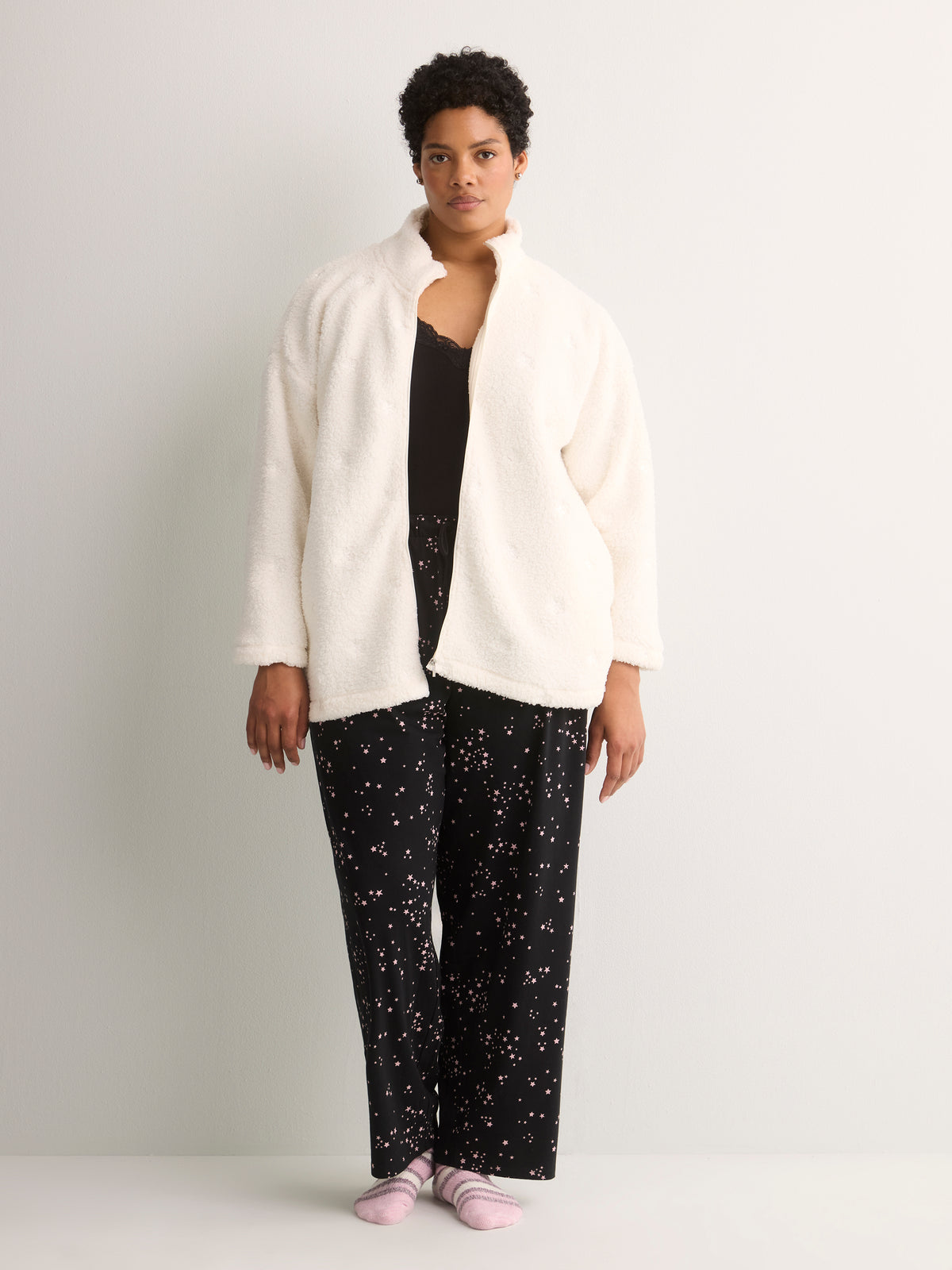 White Fleece Zippy Jacket with Embroidered Stars - tiVOGLIO