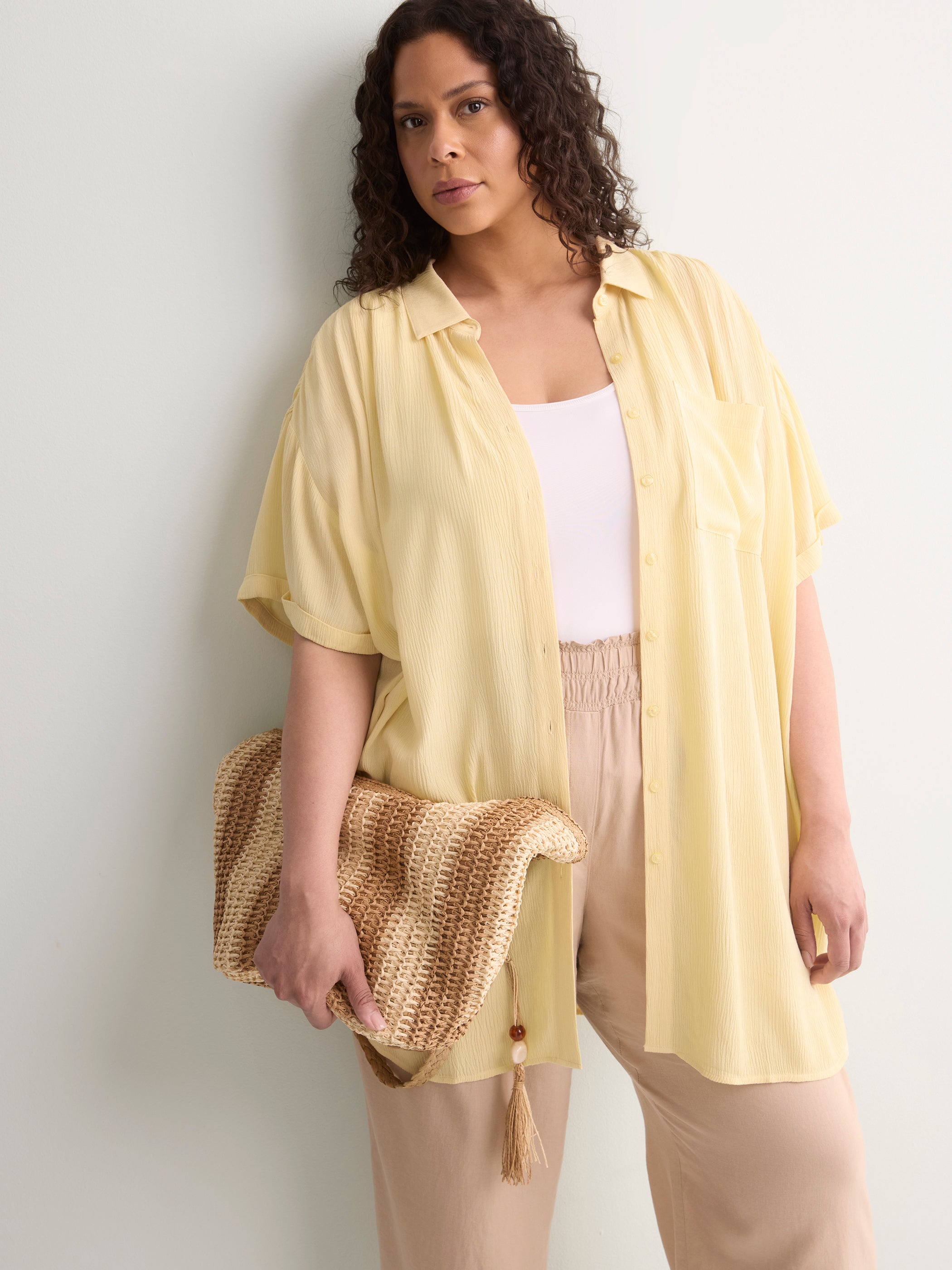 Loose-Fit Short-Sleeve Crinkle Buttoned-Down Tunic