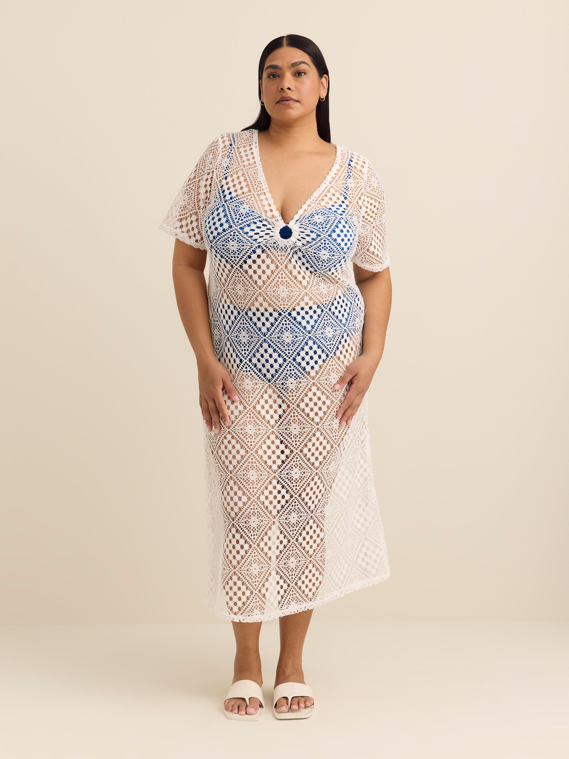 Cover Me Plus Size Crochet Knit Cover-Up Dress with Keyhole V-Neck – Penningtons