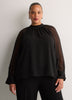 Black Rhinestone Chiffon A-Line Blouse with Shirred Mock Neck
