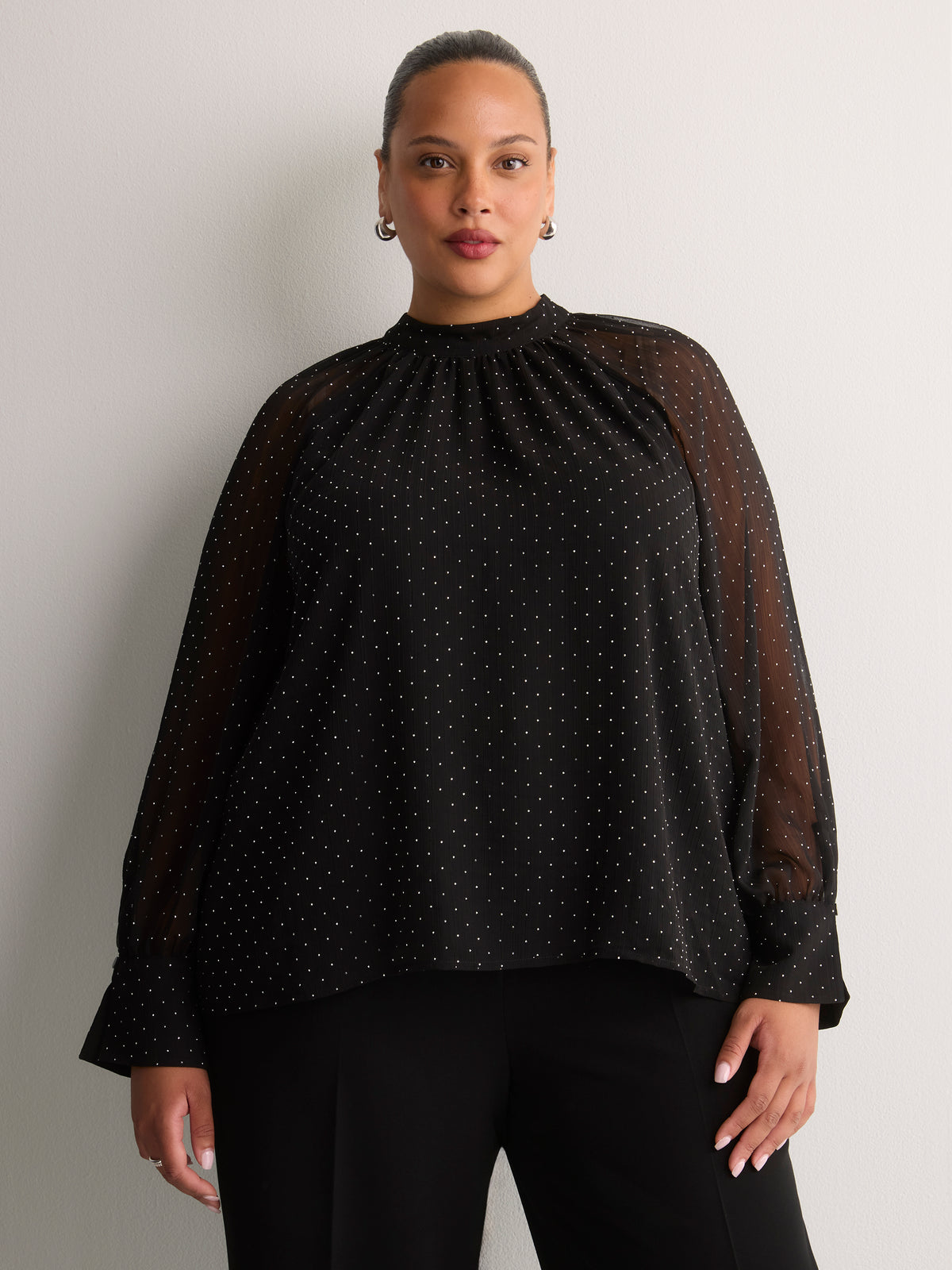 Black Rhinestone Chiffon A-Line Blouse with Shirred Mock Neck