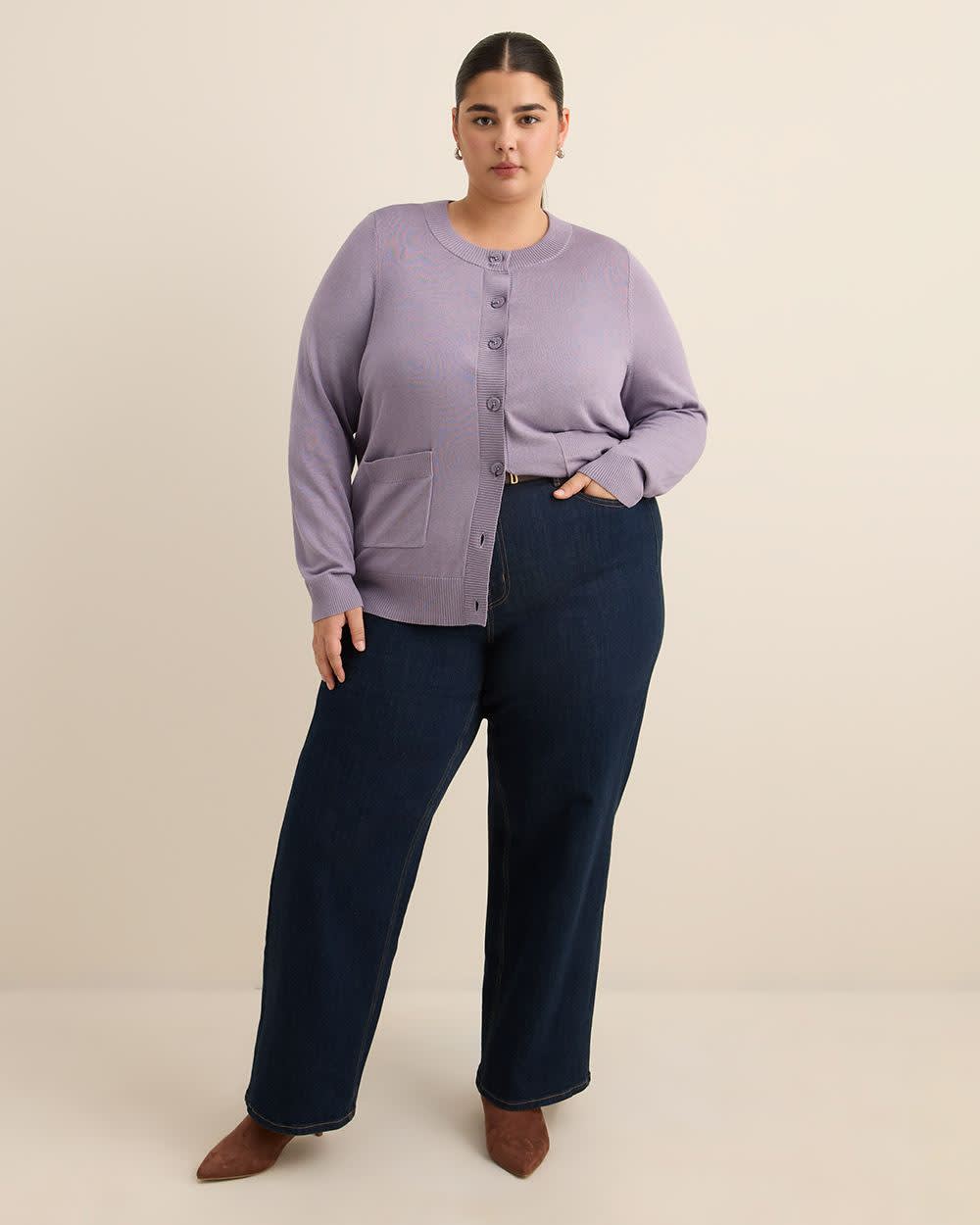 Cardigan boutonné à col rond en mélange de coton, tissu responsable