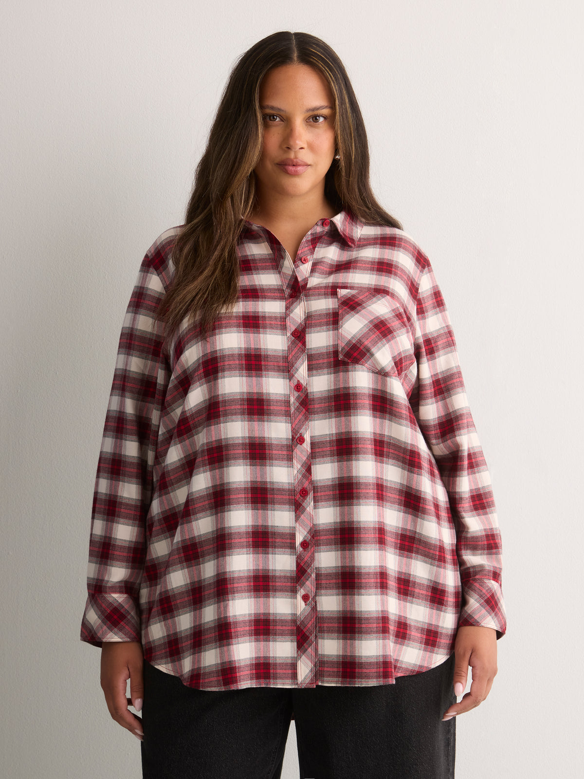 Plaid Flannel Tunic Buttoned-Down Shirt