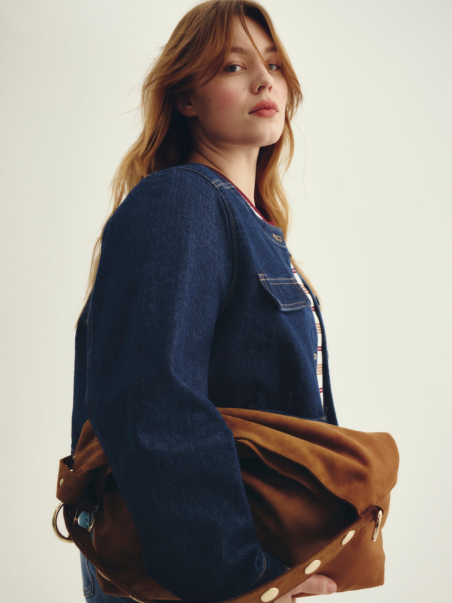 Large Cognac Faux-Suede Boho Bag with Studded Strap