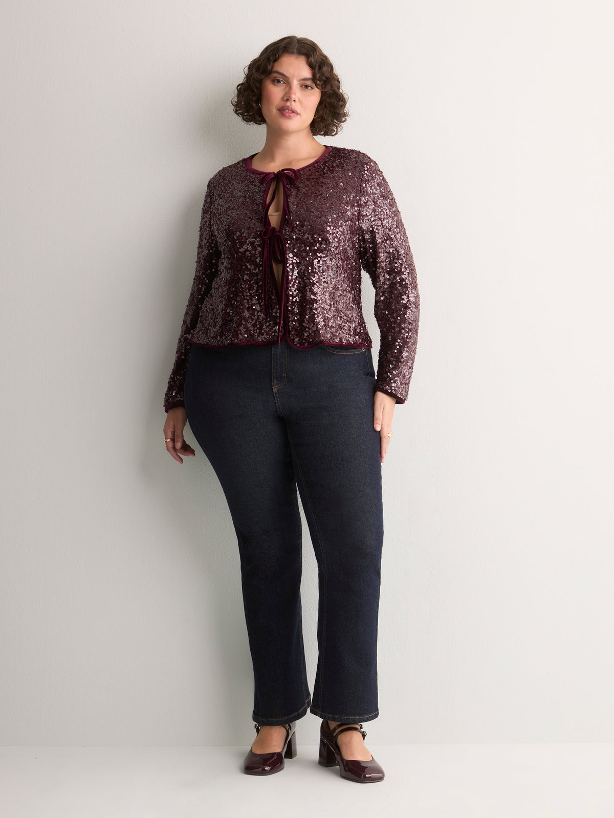Plum Sequin Open Crop Cardigan